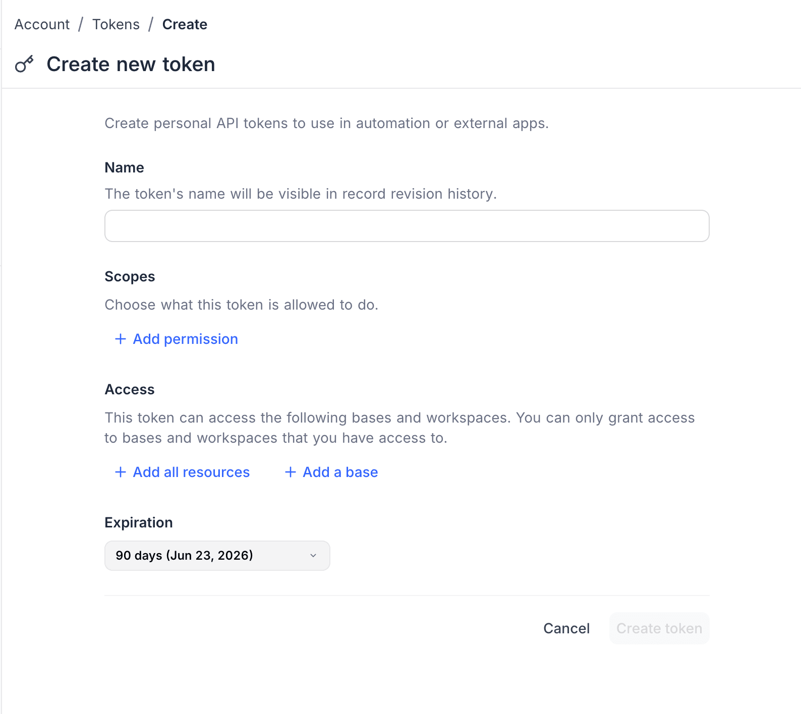 Create token form