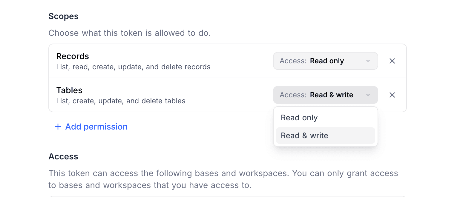 Access level dropdown