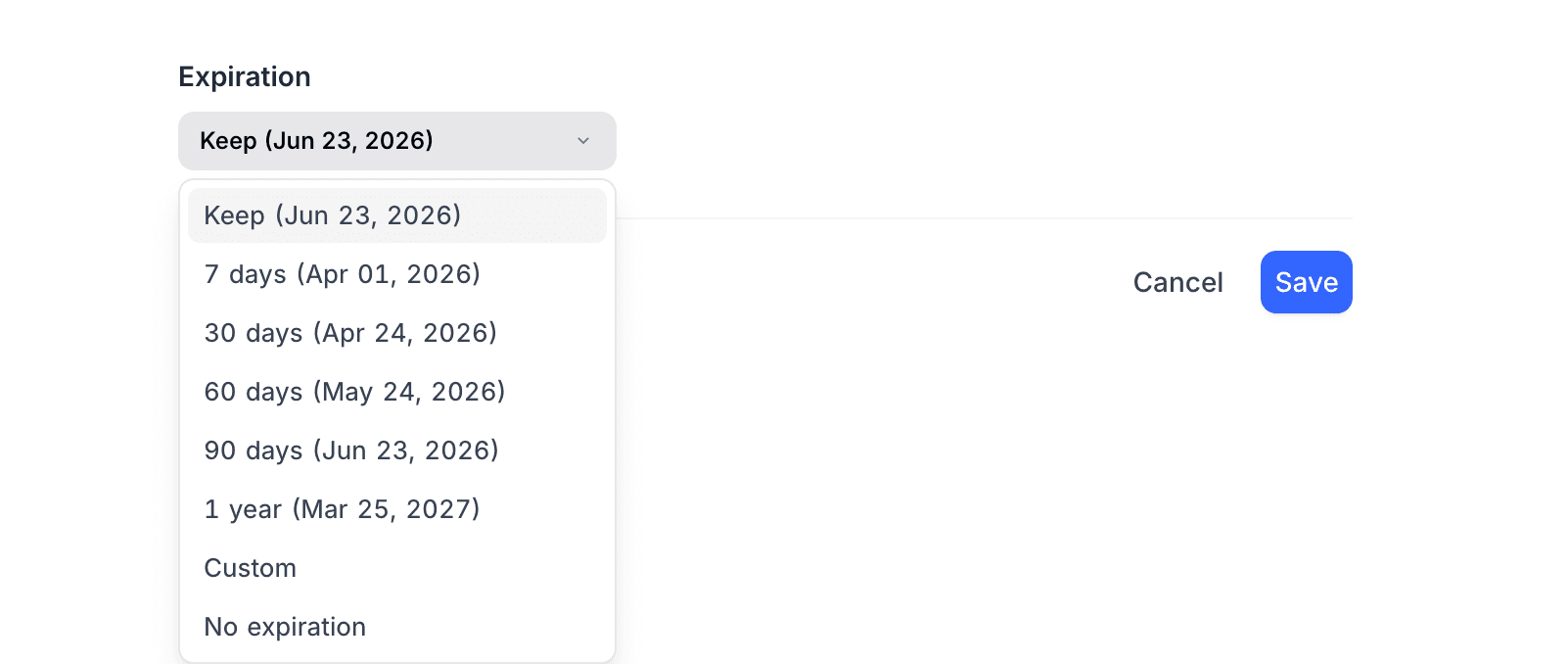 Expiration dropdown in edit mode