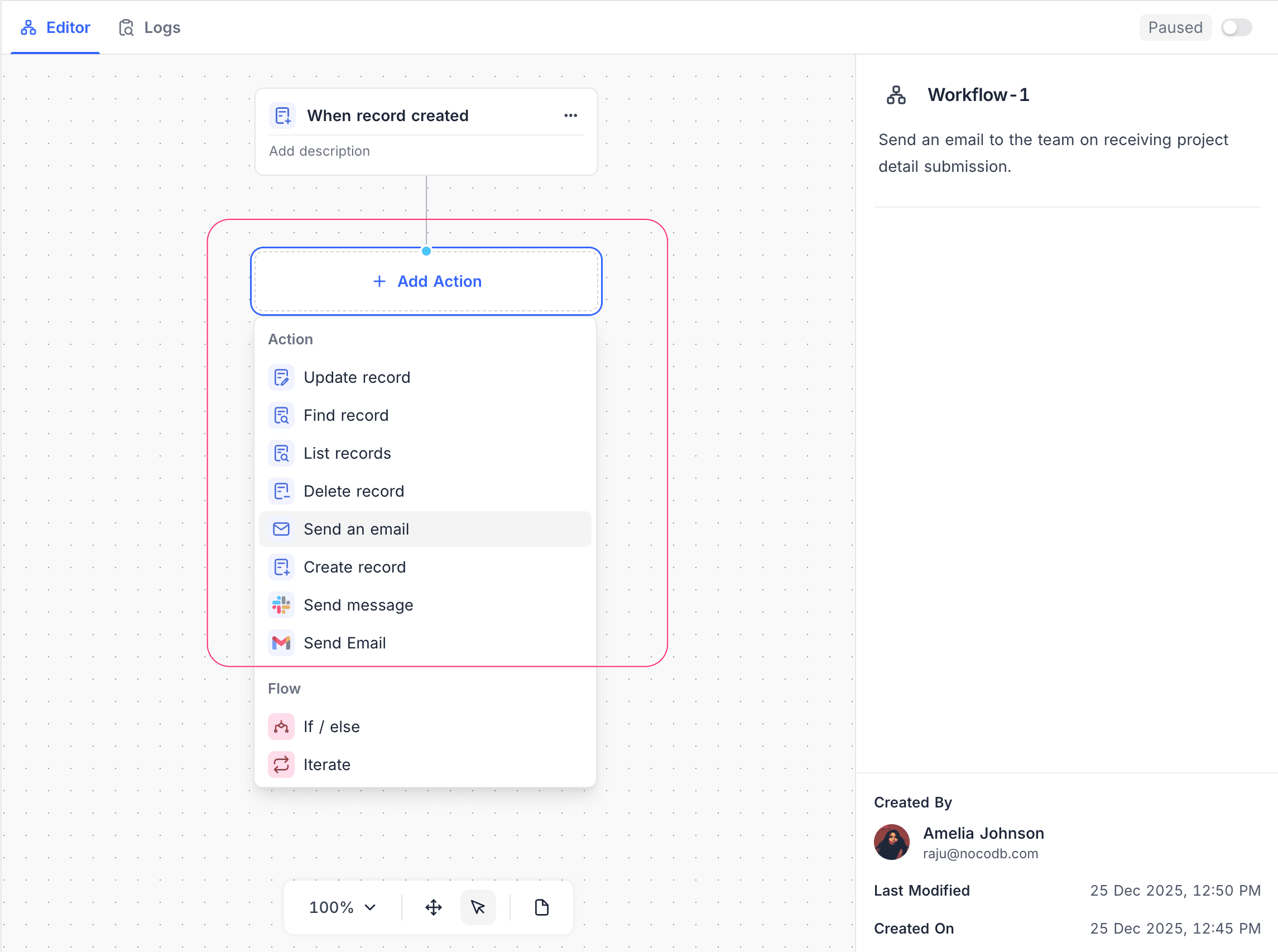 Adding action node