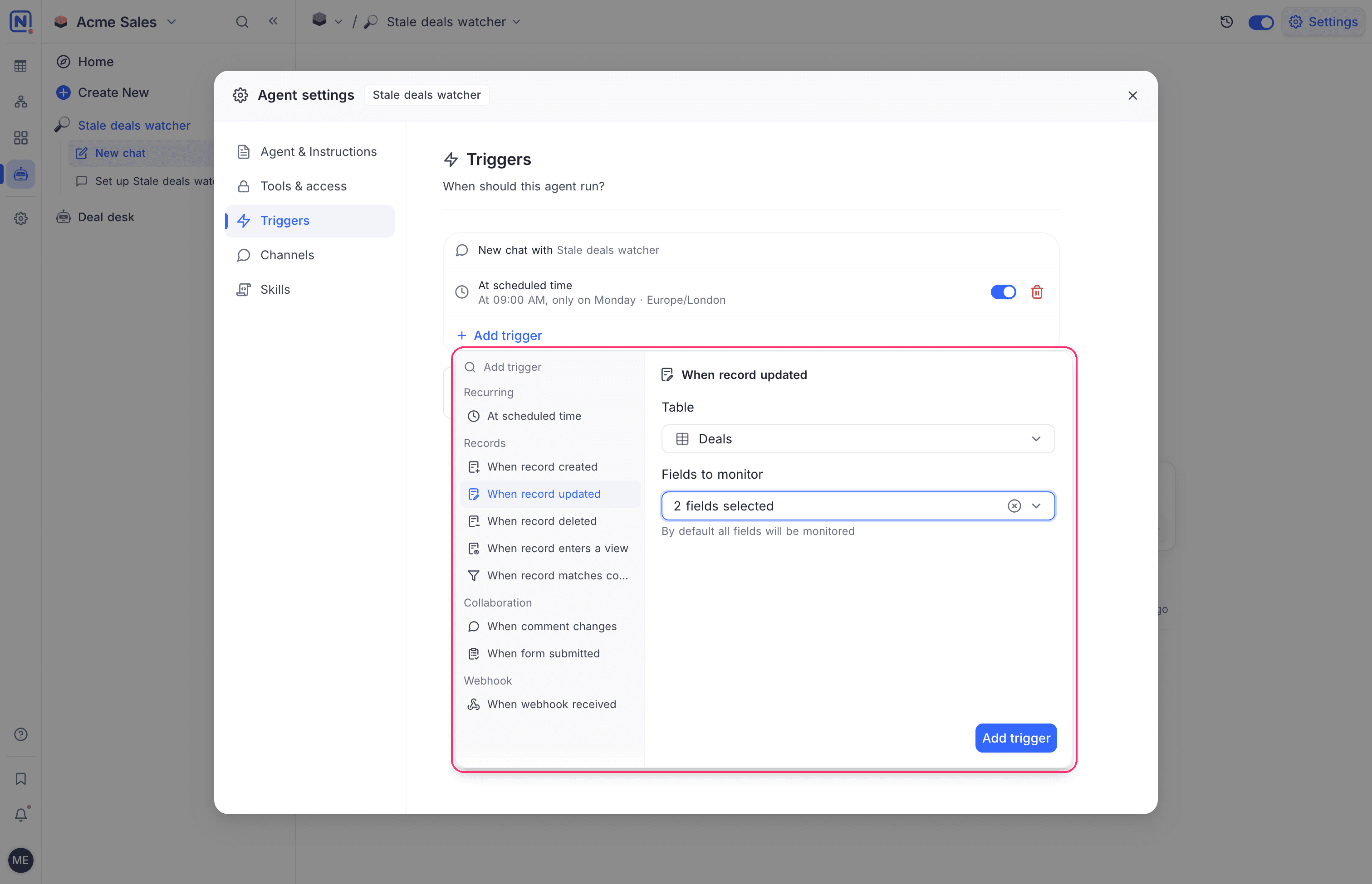 The Add trigger picker with the trigger types on the left and the options of When record updated on the right