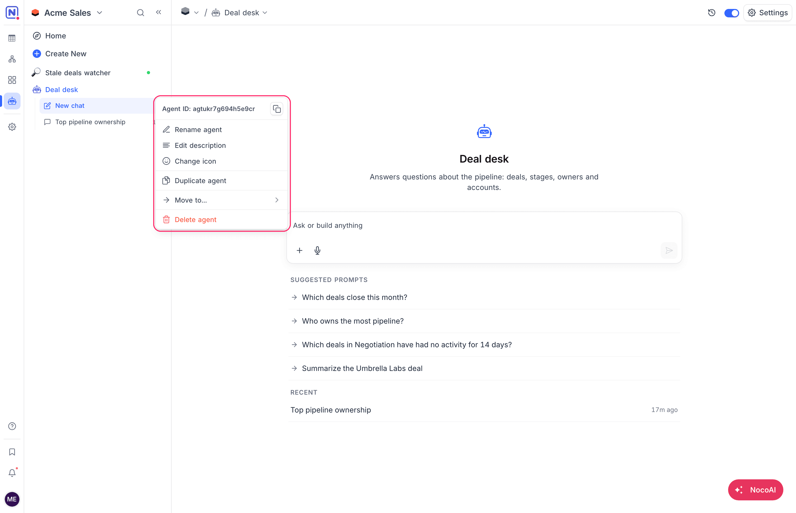 The menu of an agent in the sidebar with the Agent ID and the agent actions