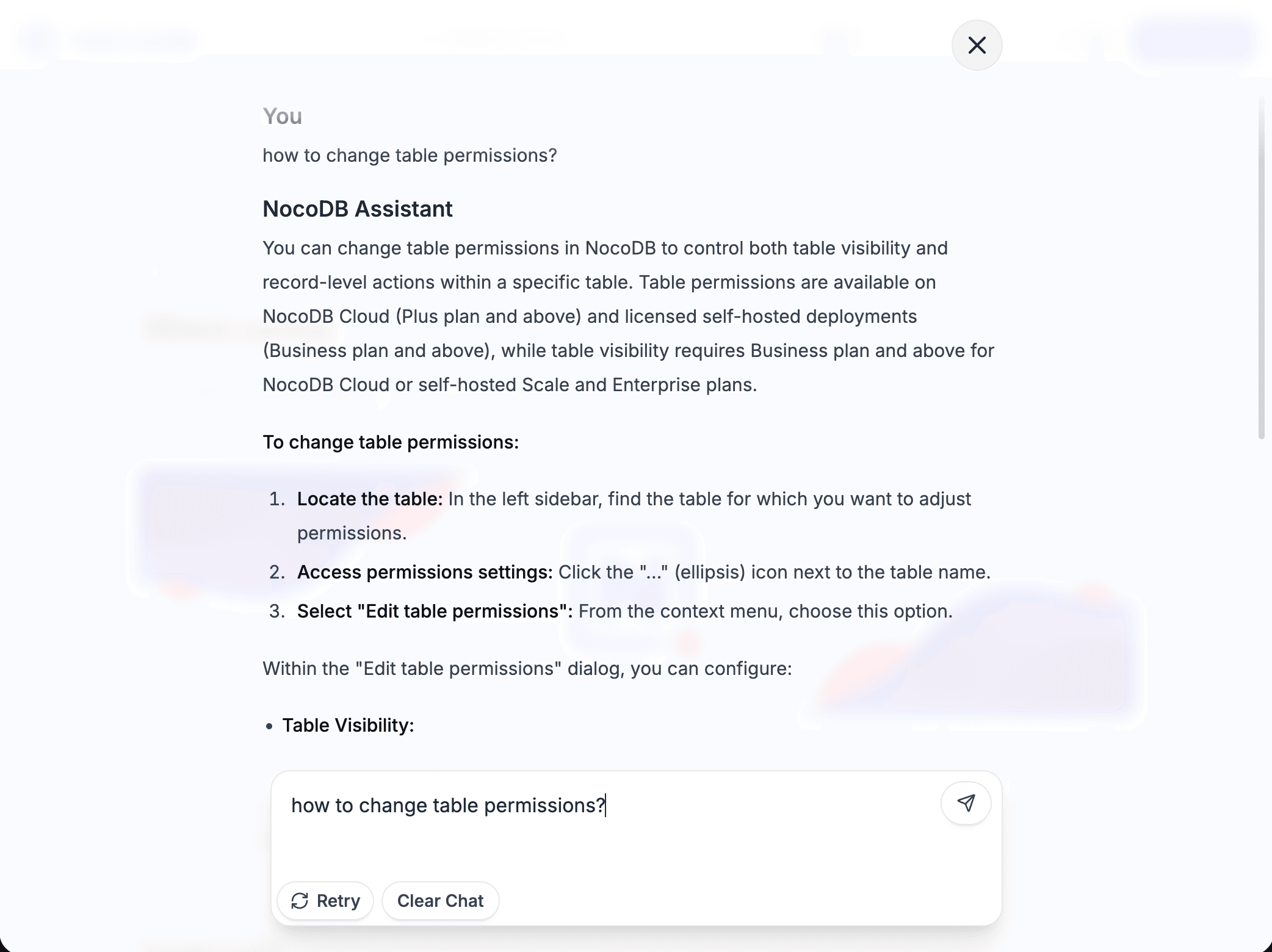 The docs Ask AI assistant answering a question about table permissions