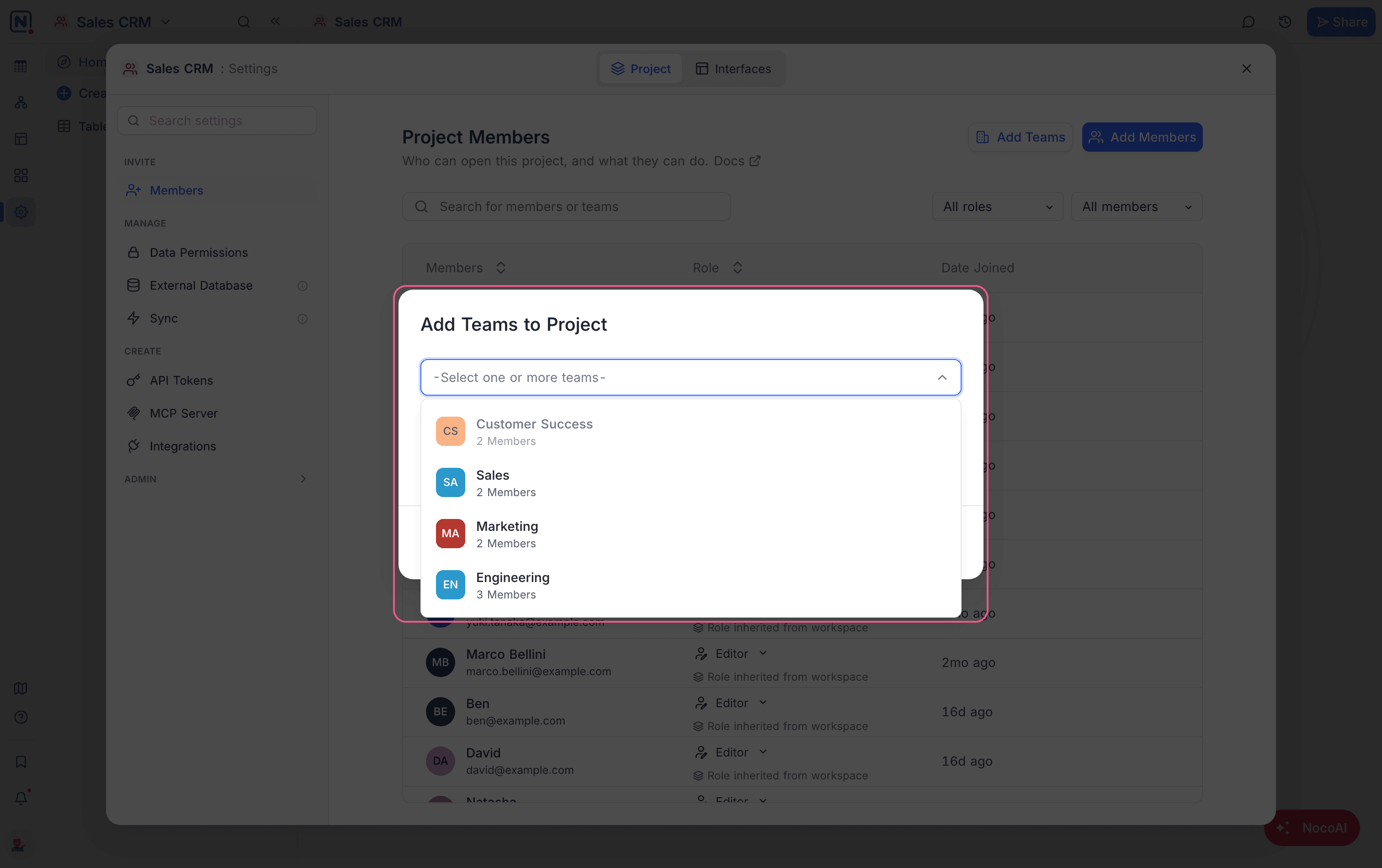 Picking a team in the Add Teams to Project dialog