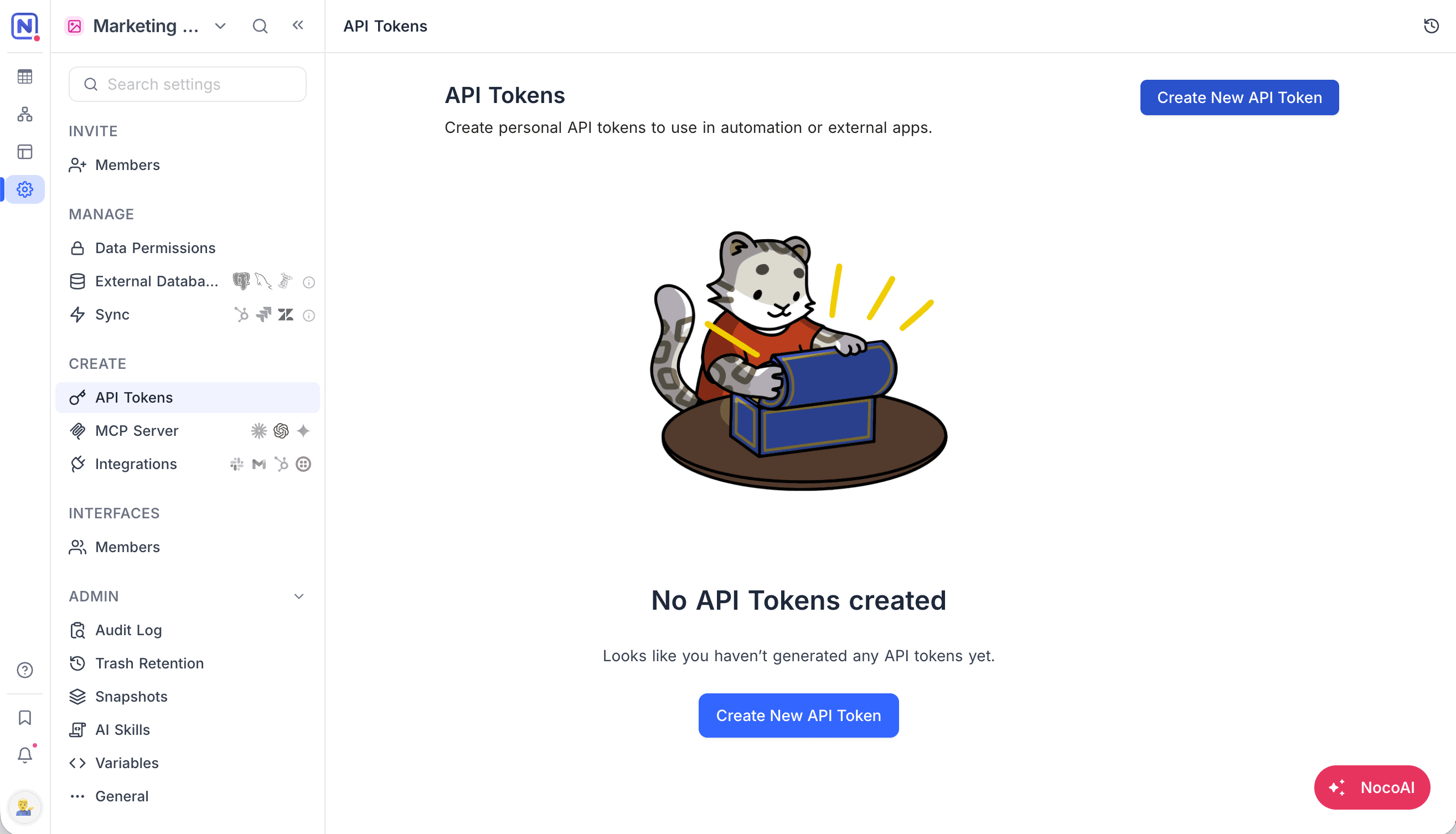 The API Tokens page in base settings