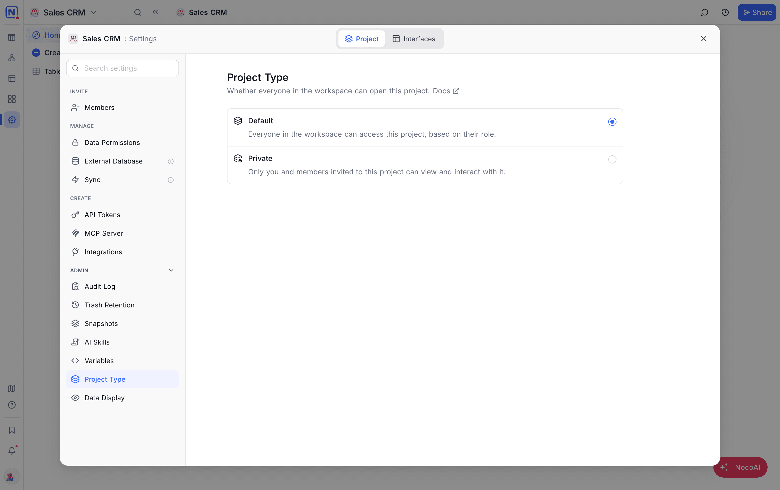 The Project Type pane under Project Settings → Admin