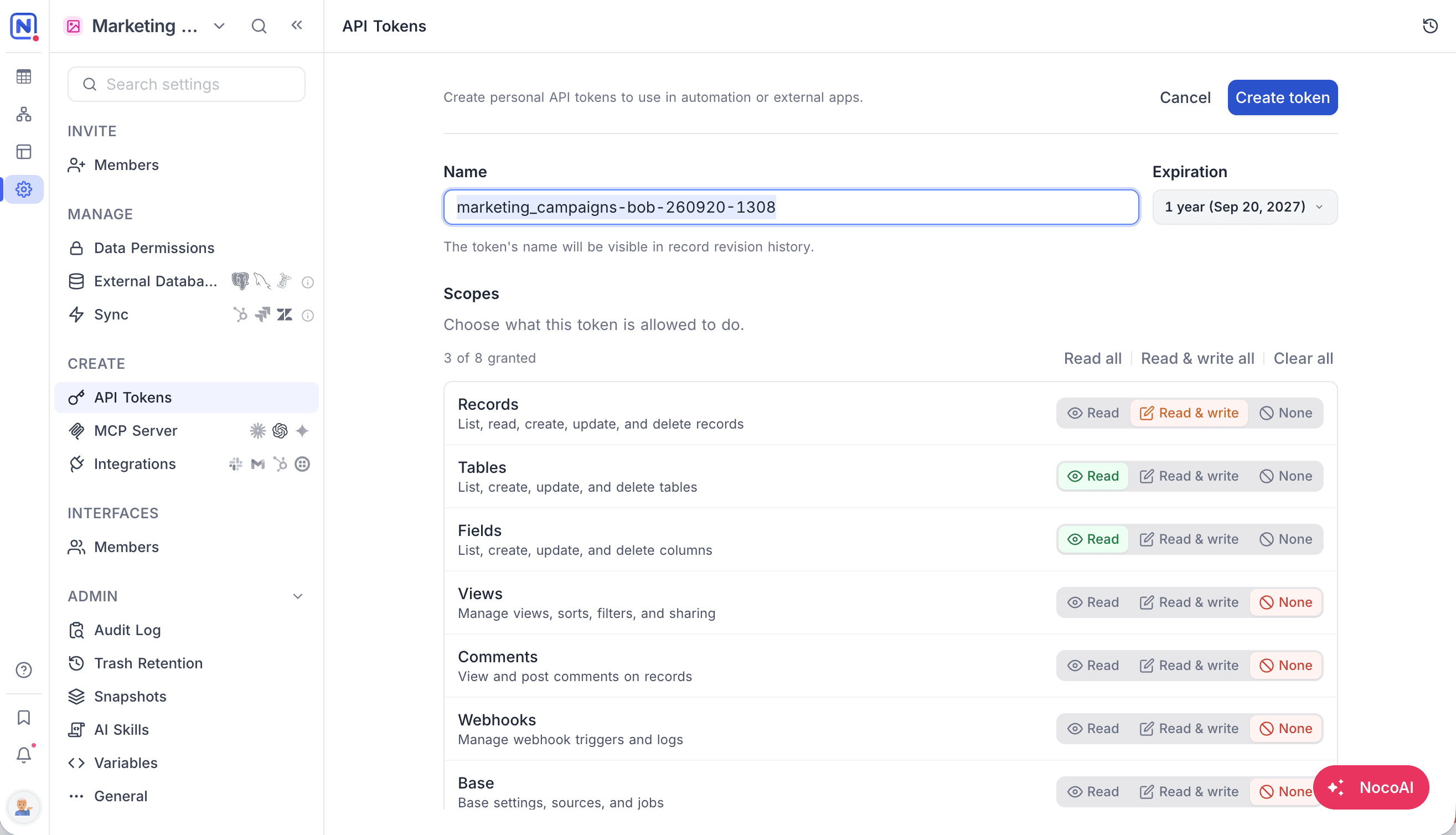 Creating a token from a base, with no Access section and a base-prefixed name