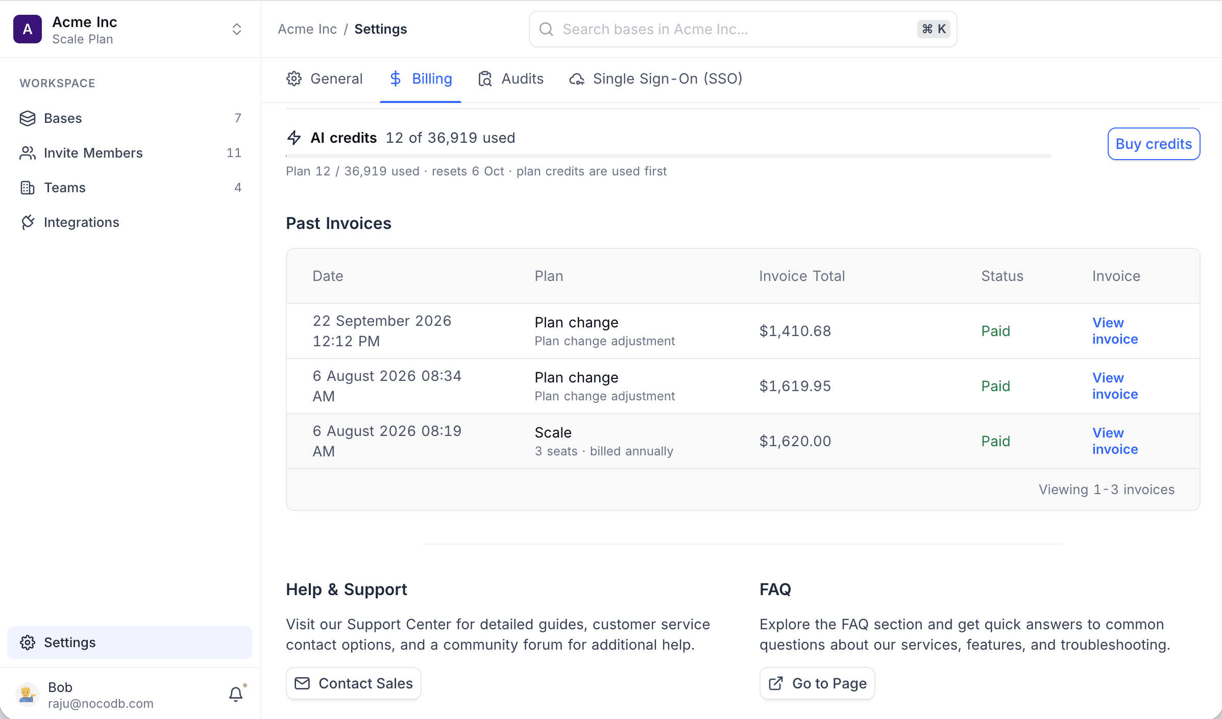 Past Invoices with a link to each invoice