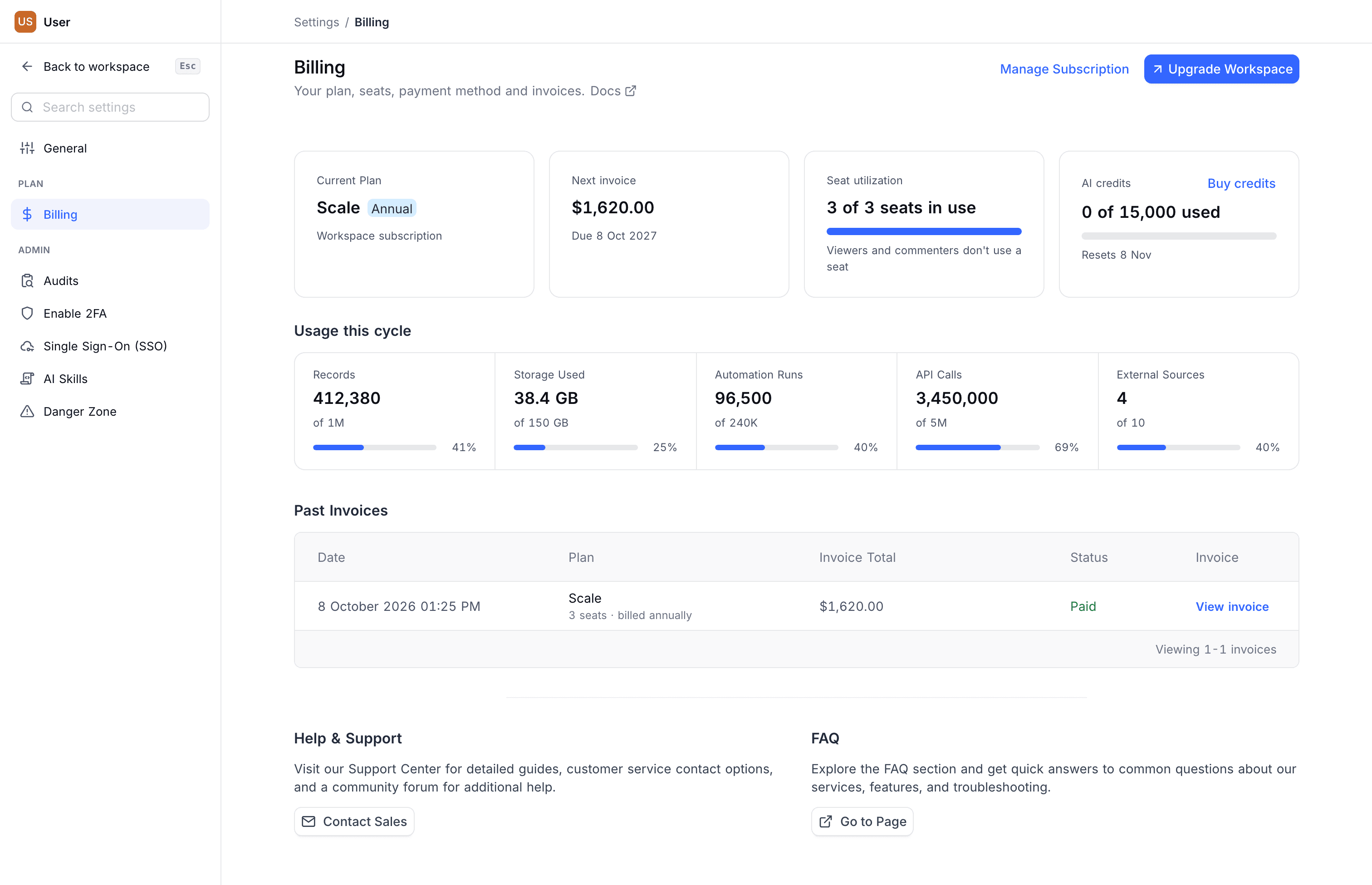The Billing pane, with the summary cards, Usage this cycle and Past Invoices