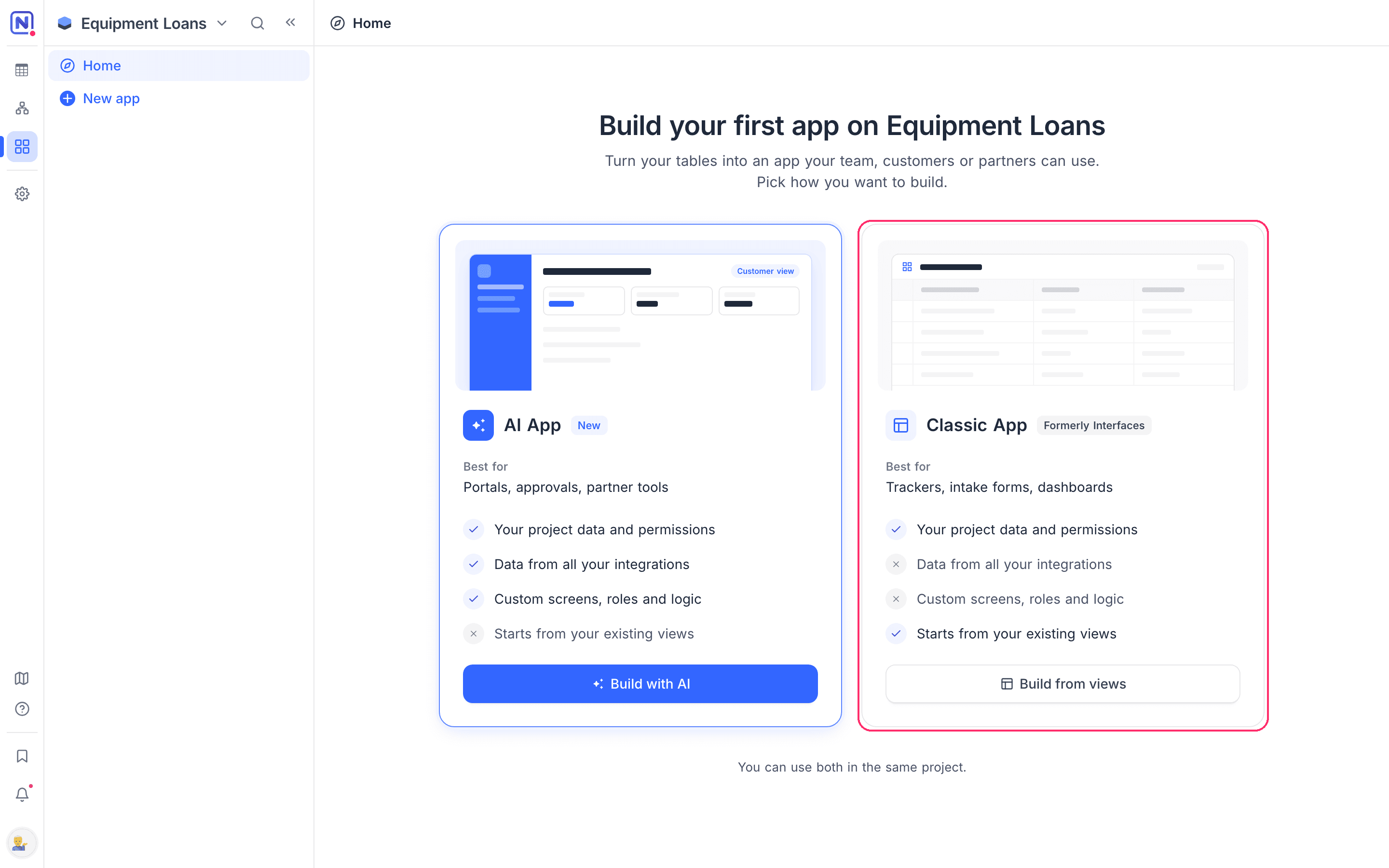 The Classic App card, marked Formerly Interfaces, on the Apps page of a project