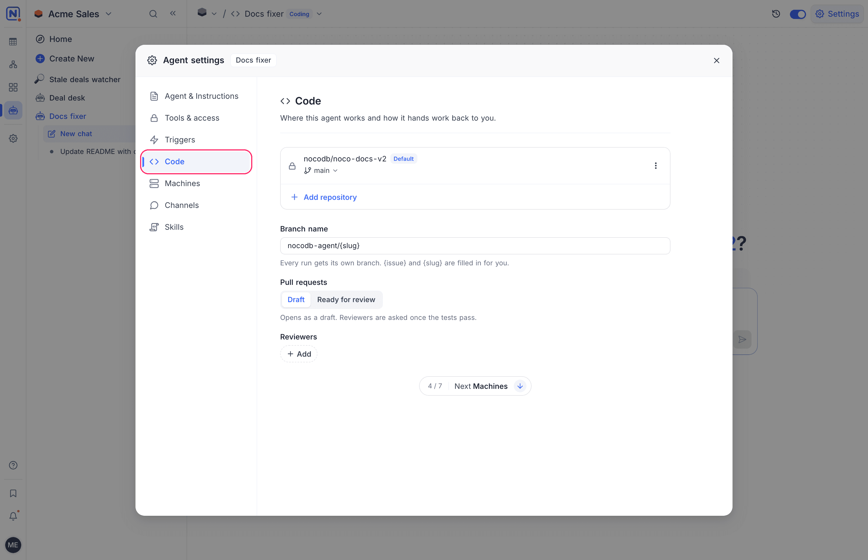 The Code section of a coding agent with its repository, Branch name, Pull requests and Reviewers