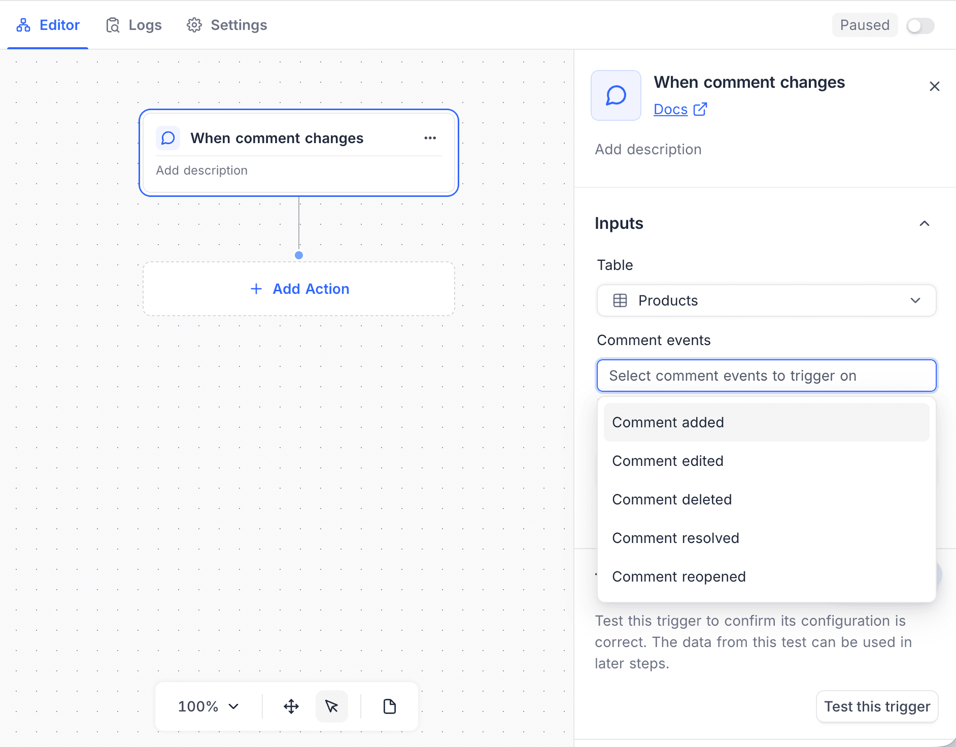 When Comment Changes trigger configuration