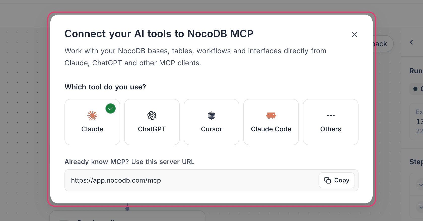 The Connect your AI tools to NocoDB MCP dialog