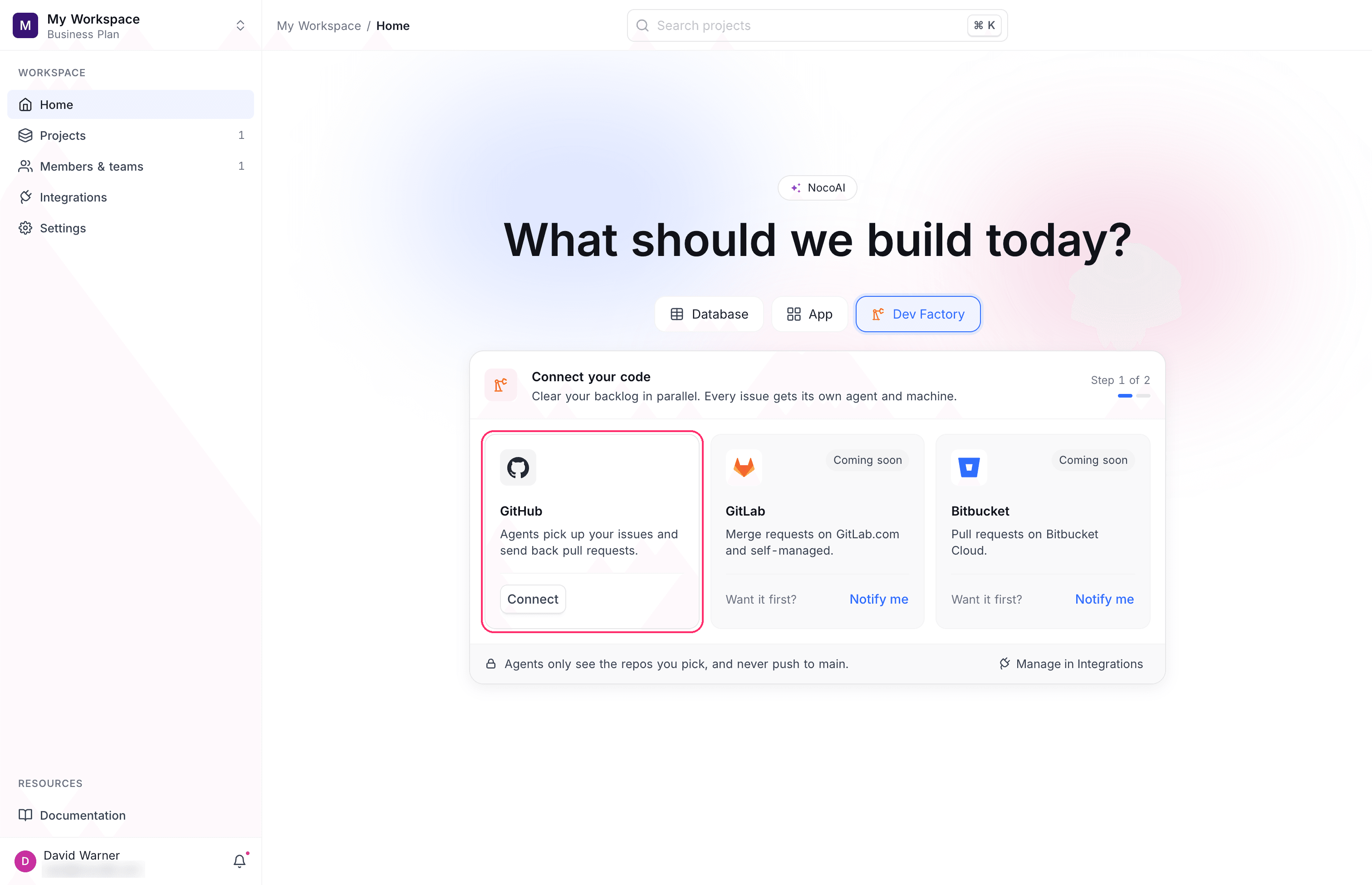 The Connect your code step, with the GitHub card