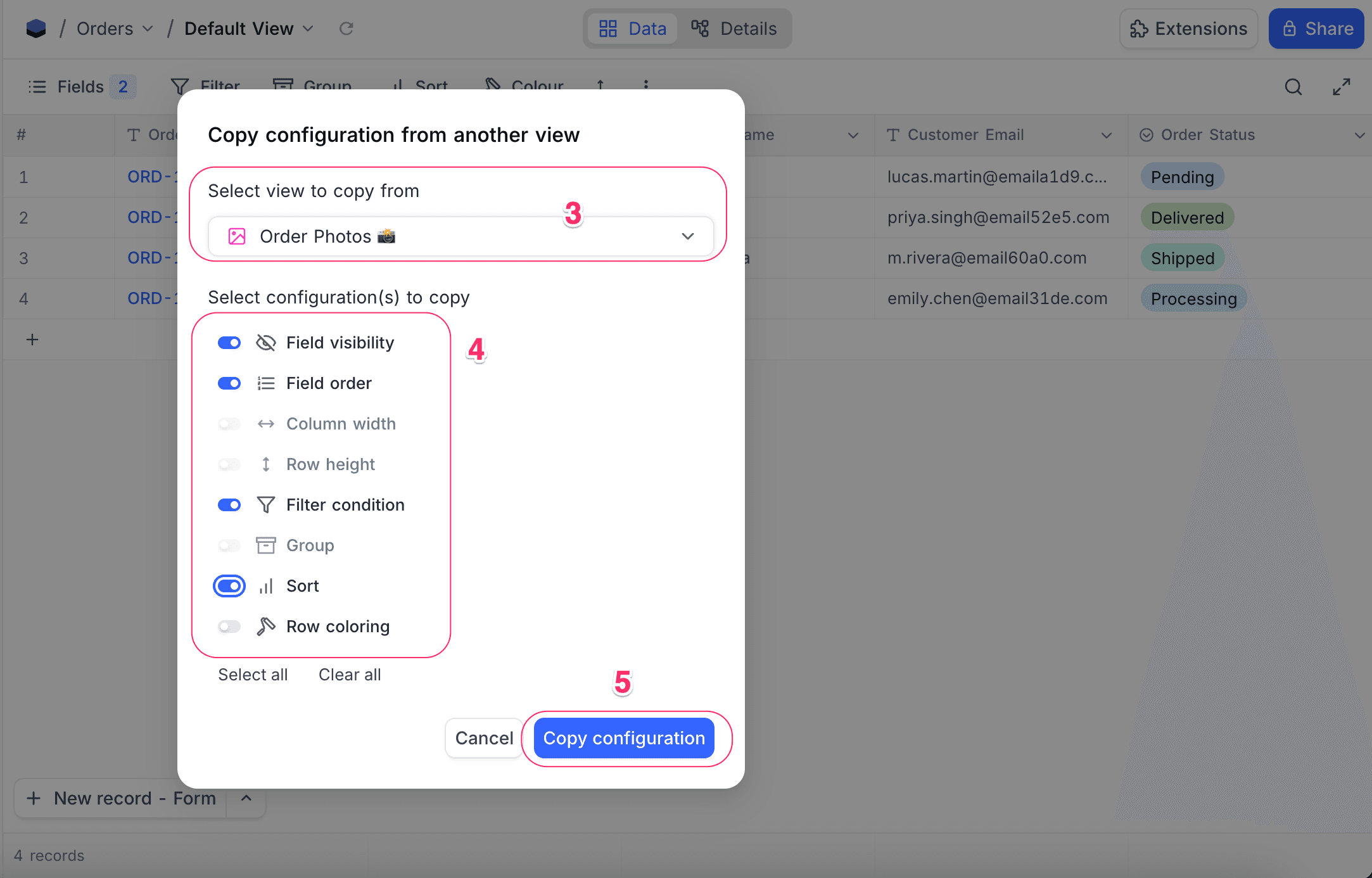 Copy view configuration