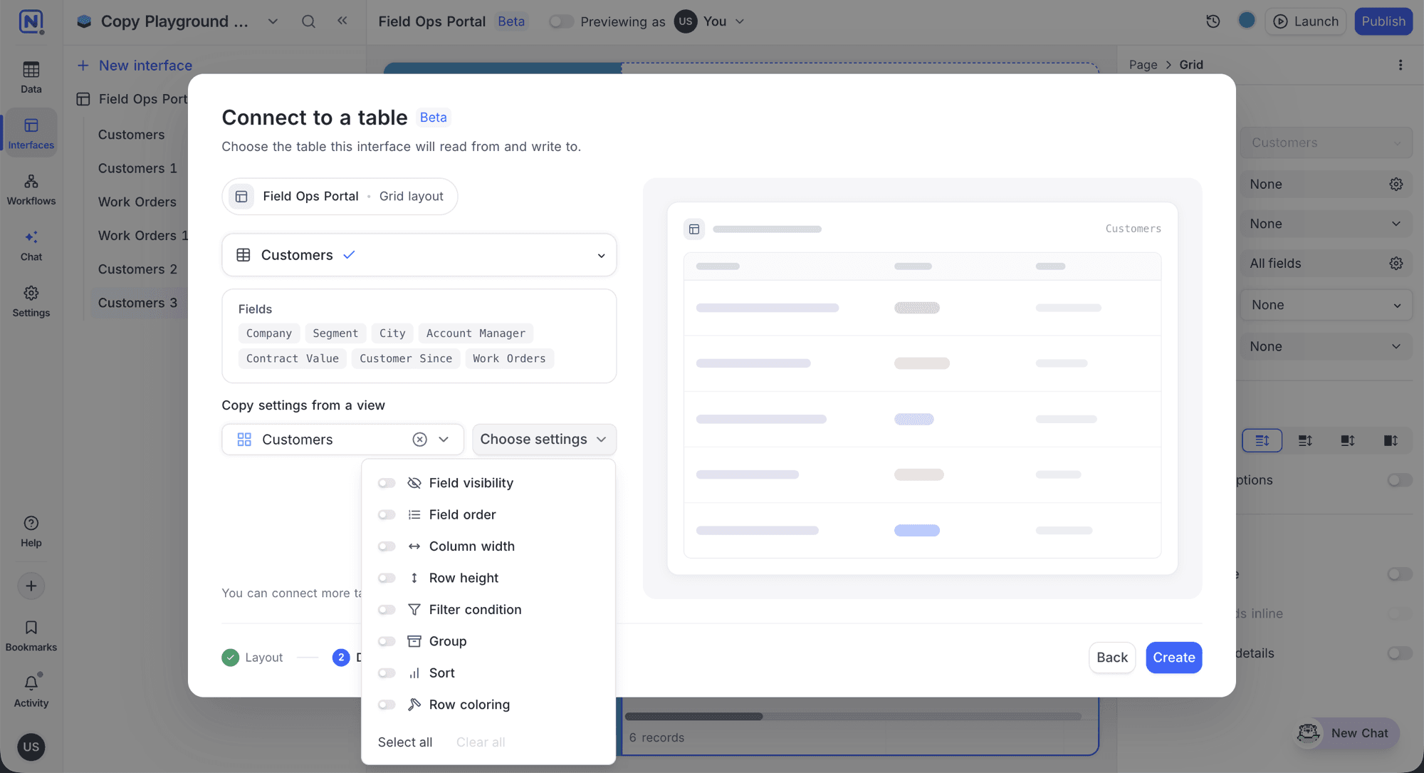 Copy settings from a view when connecting an interface page to a table