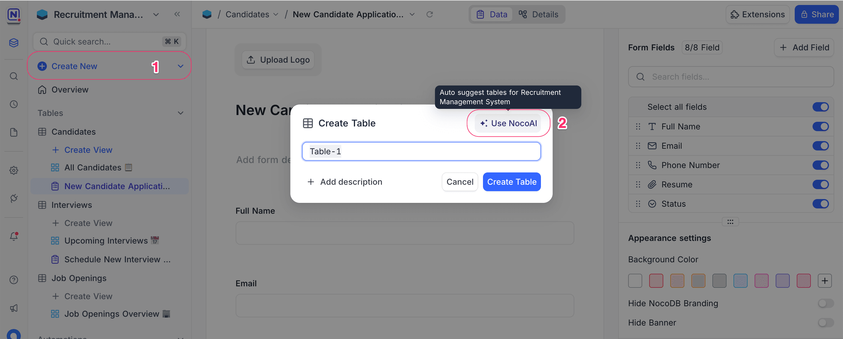 Create Table Button