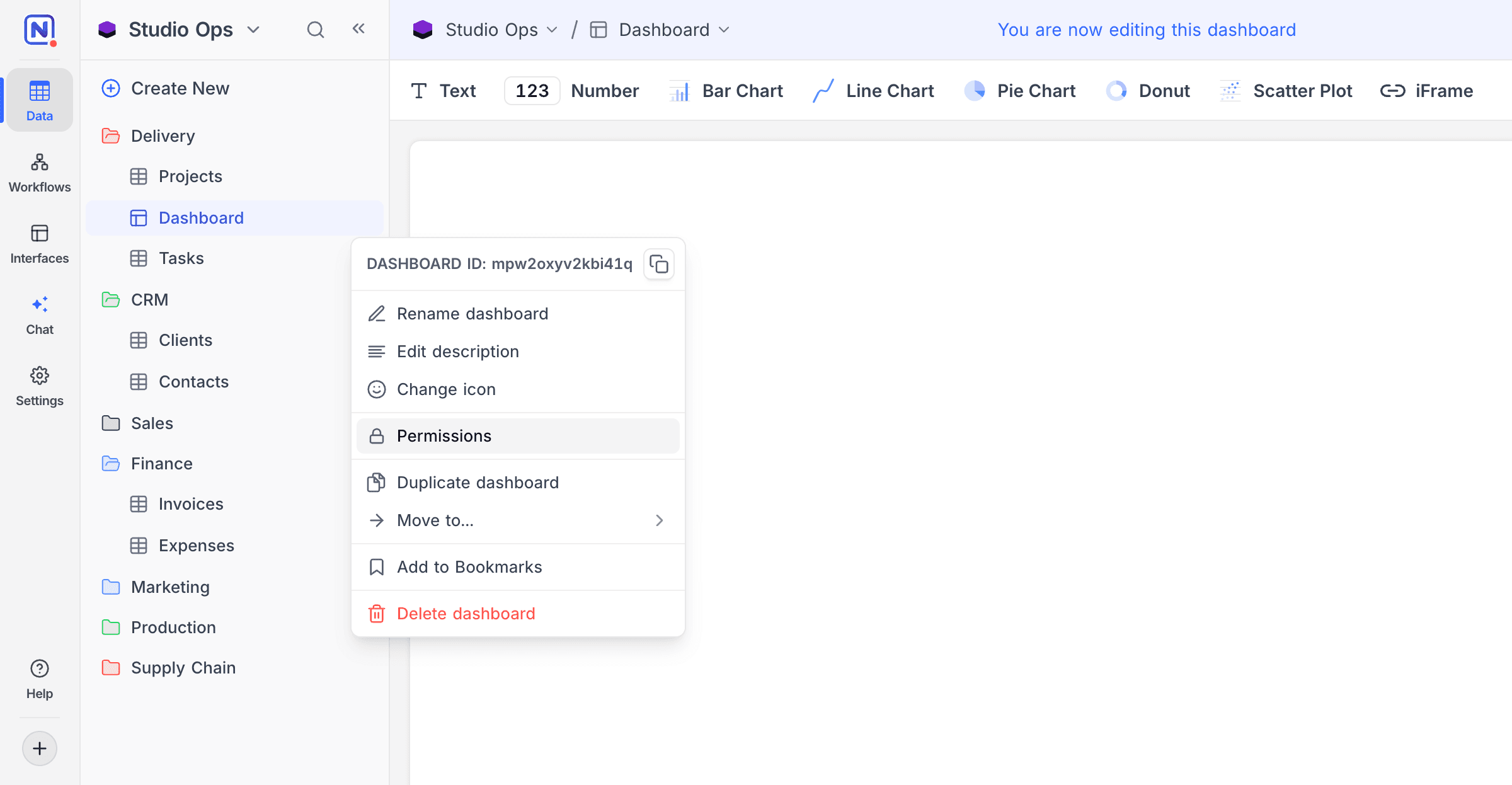 Dashboard context menu with the Permissions option