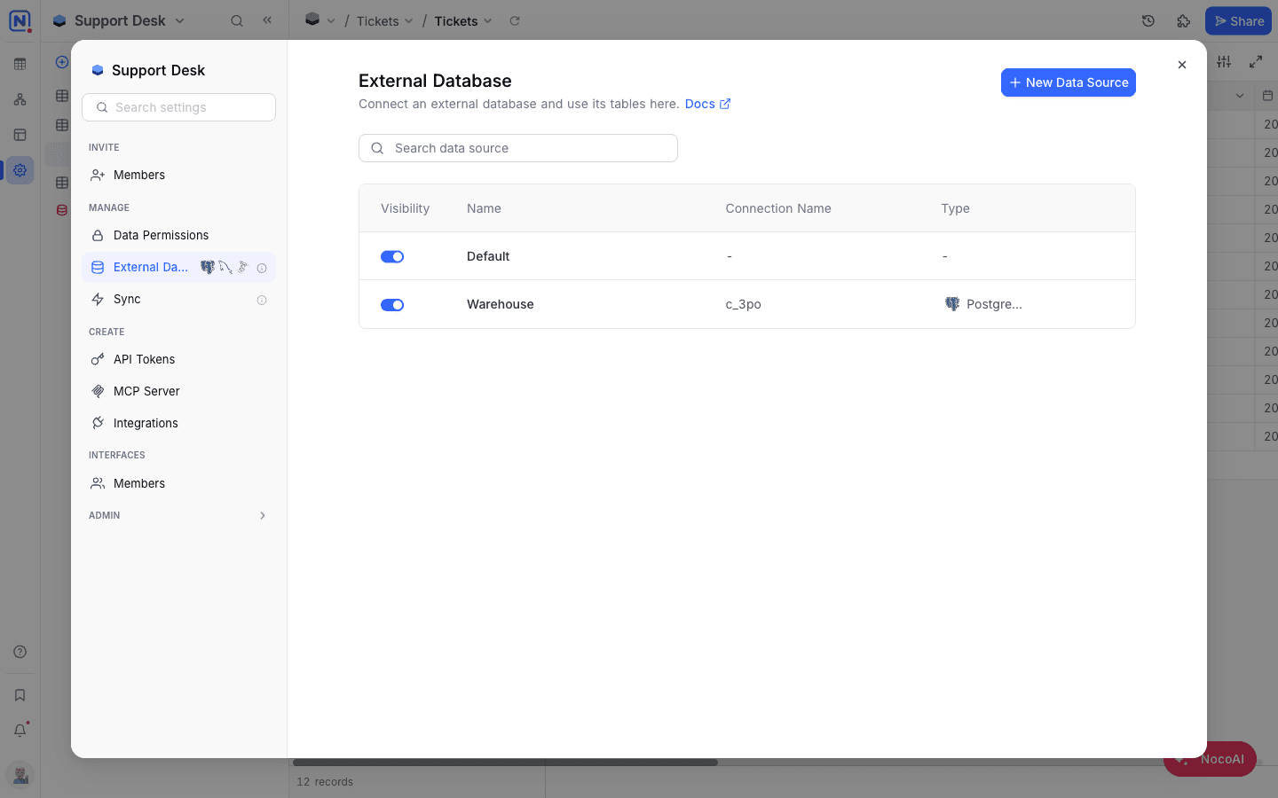 The External Database pane, with the base's own source pinned as Default