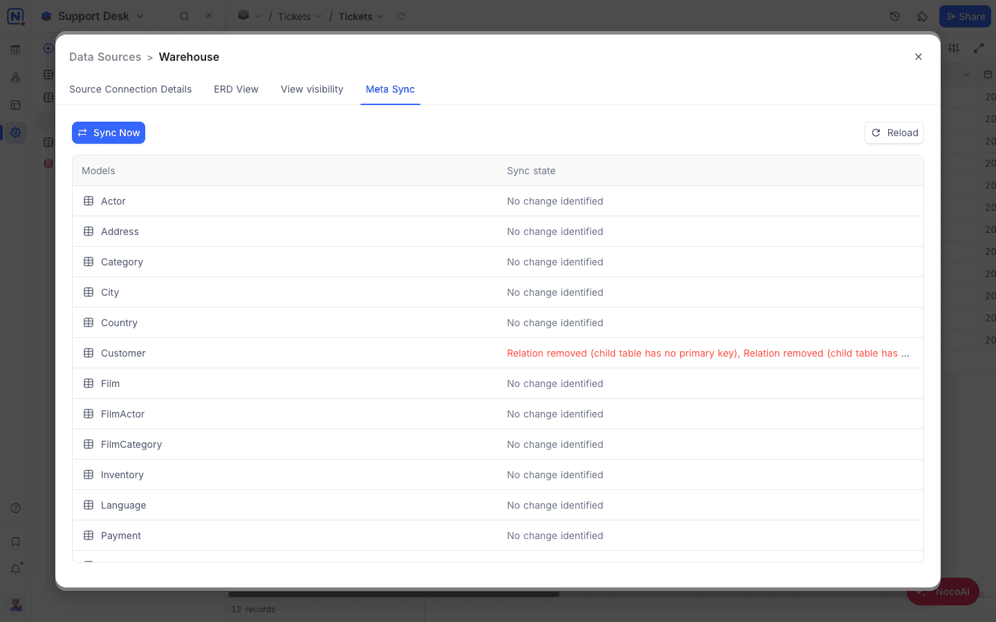 The Meta Sync tab listing each table's sync state