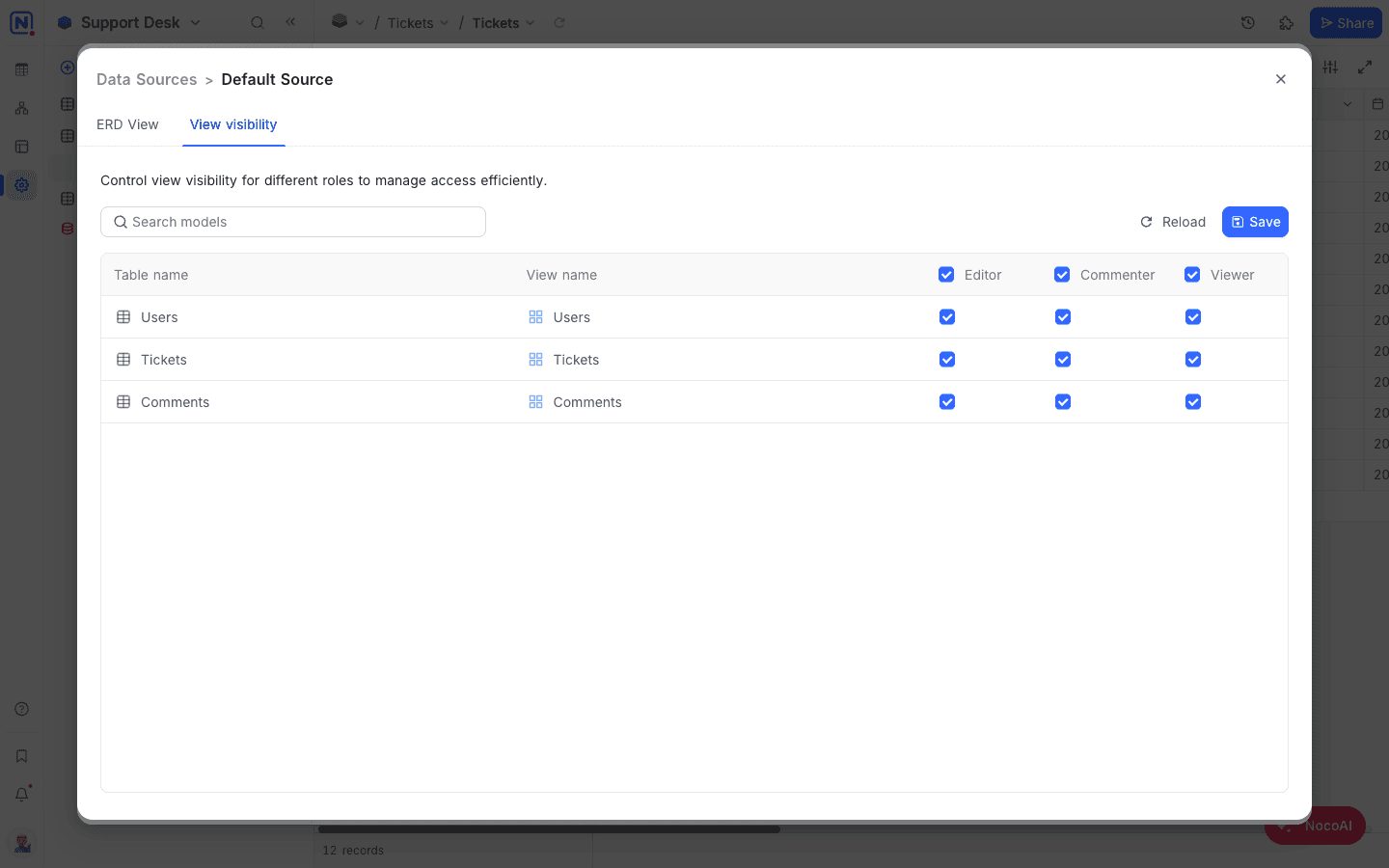 The View visibility tab, with a checkbox per role