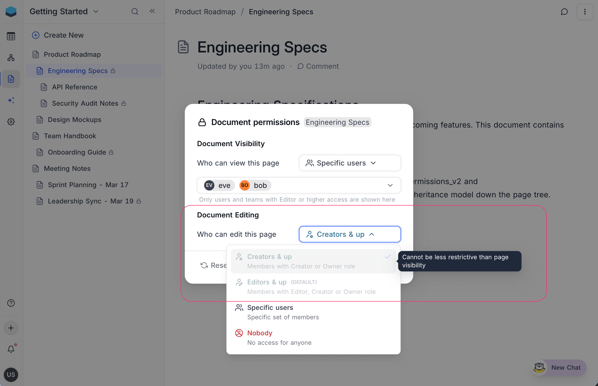 Editing permission dropdown showing restricted options