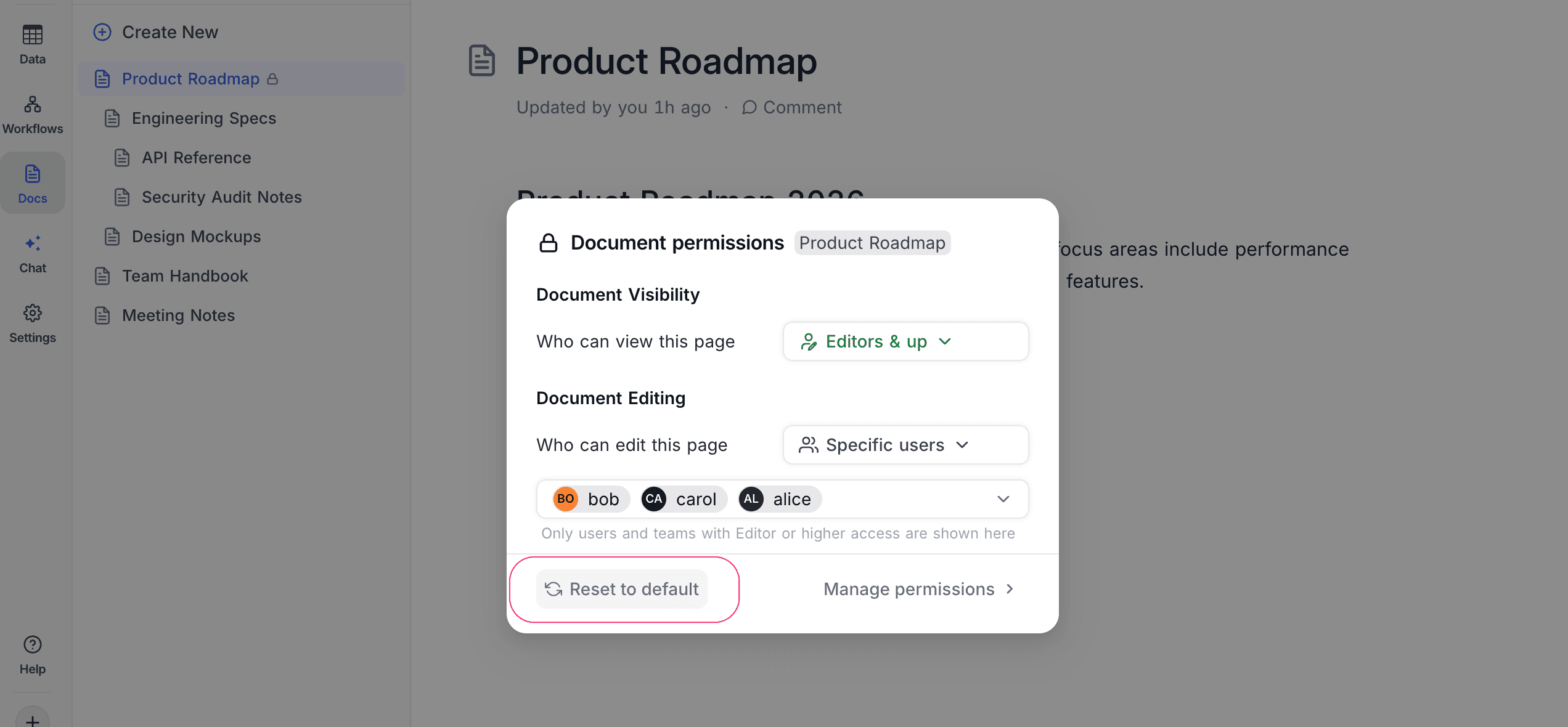 Quick permission dialog showing Reset to default and Manage permissions links