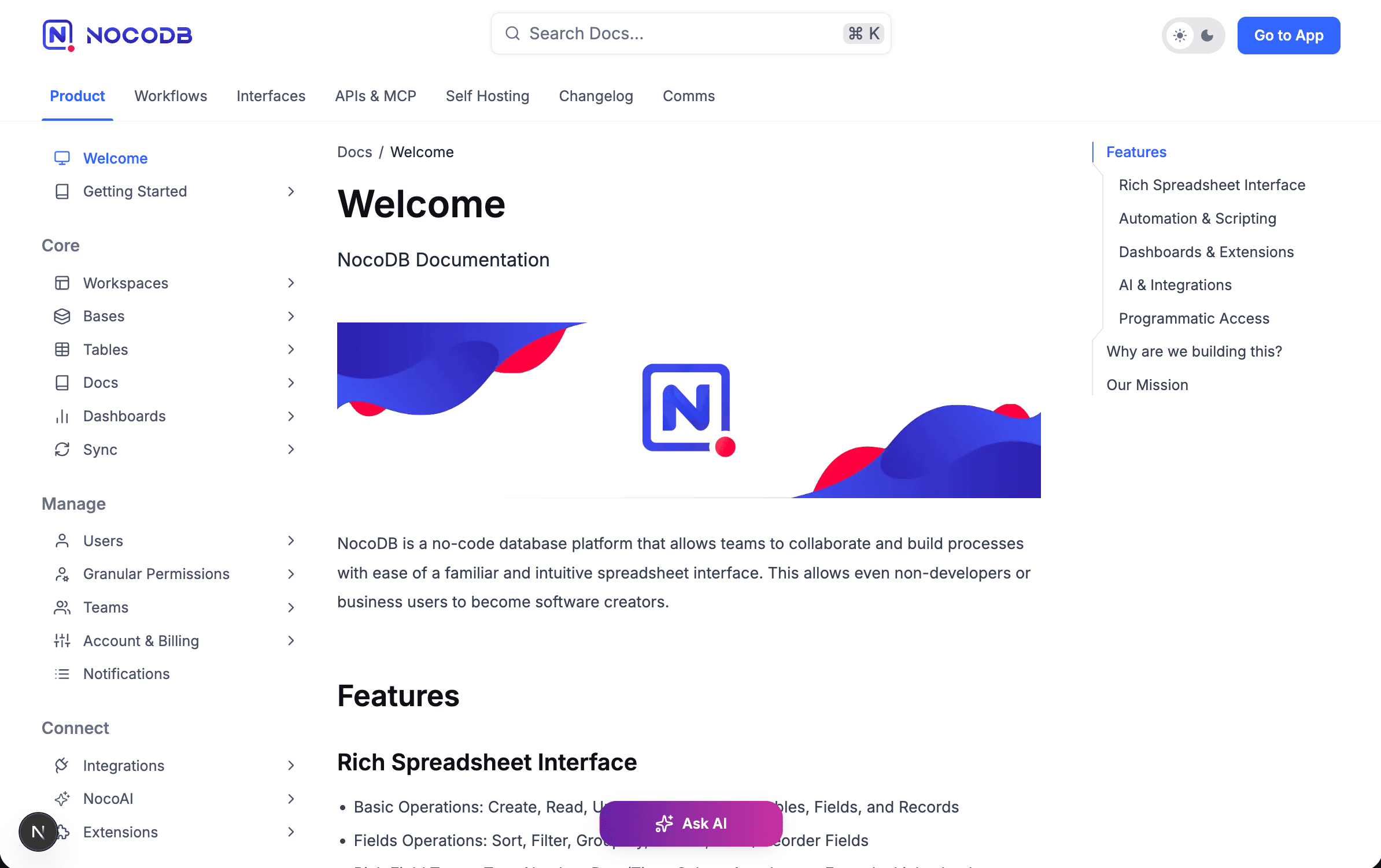 The reorganized documentation site with tabs and grouped sidebar