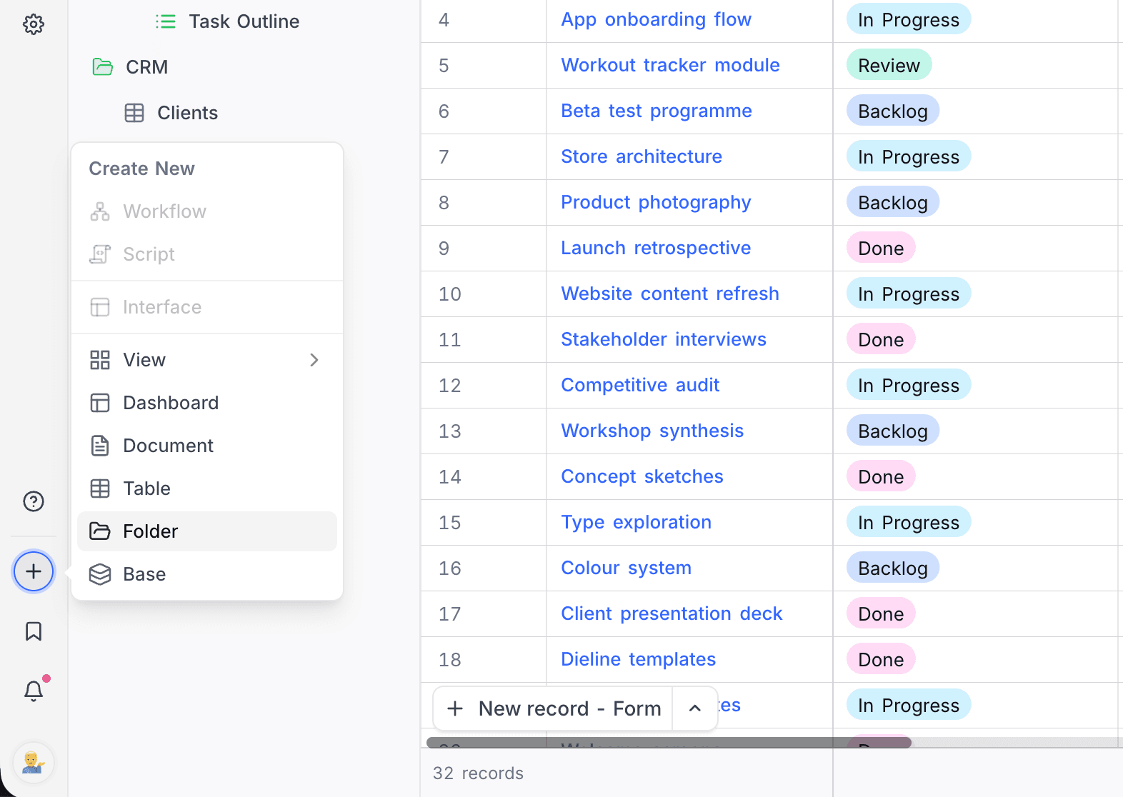 Creating a folder from the mini sidebar's create menu