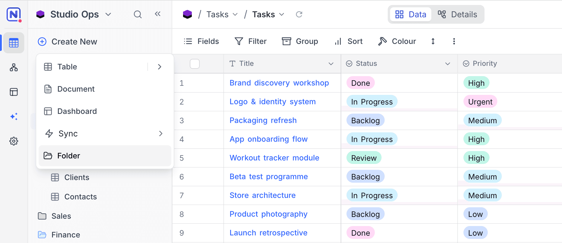 Creating a folder from the Create New menu