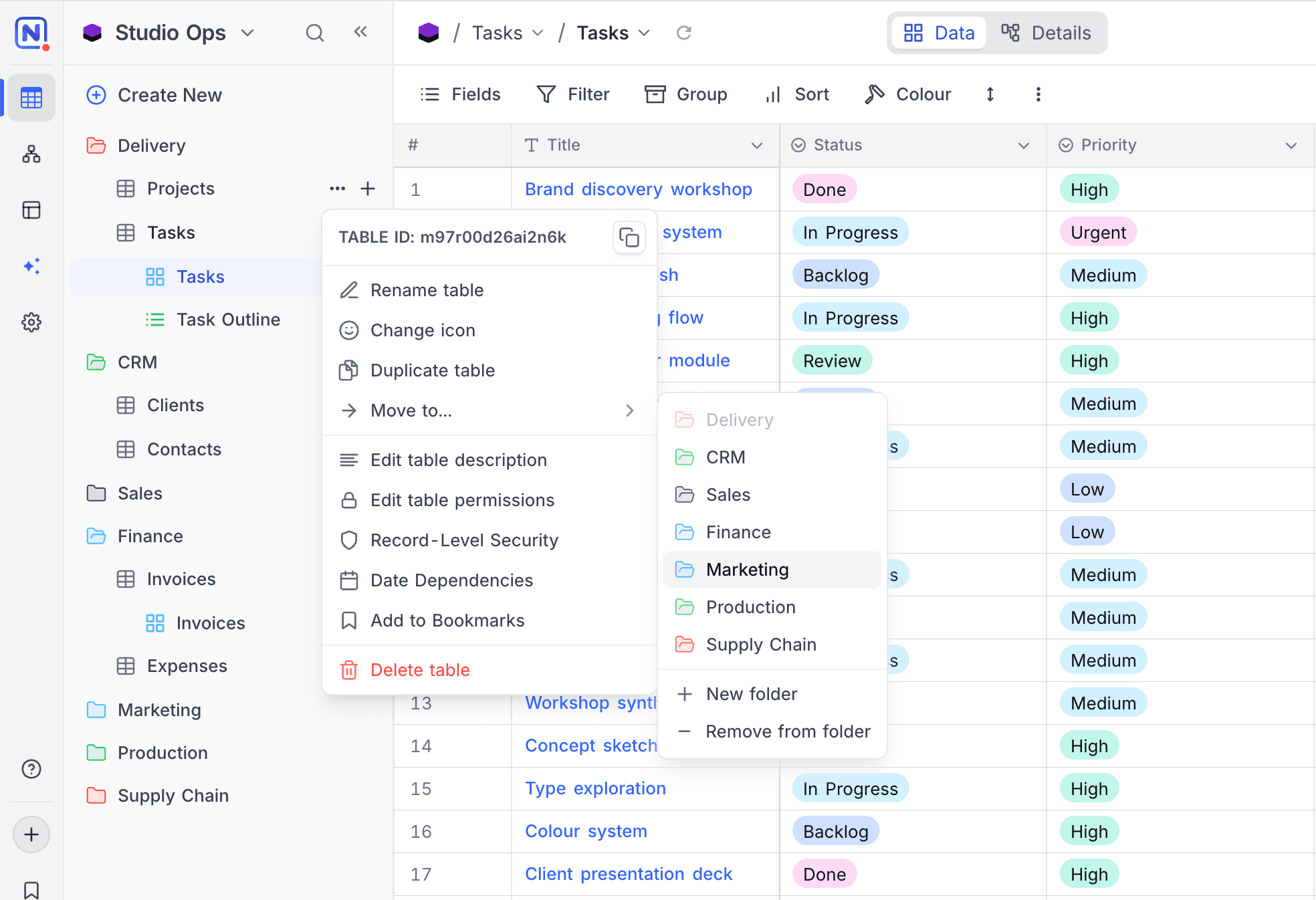 Moving a table into a sidebar folder from the Move to menu