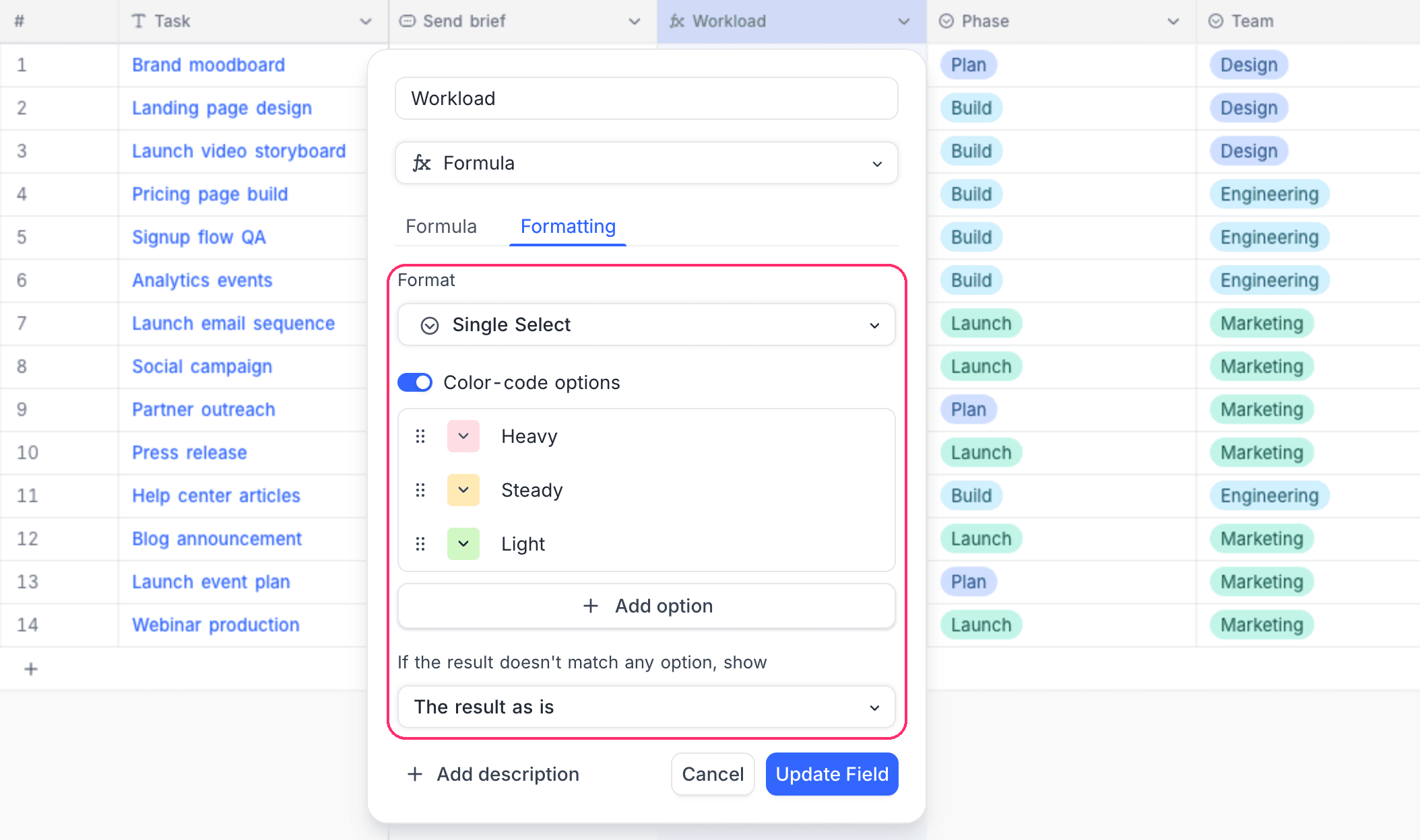 Single Select format with colored options on a text formula