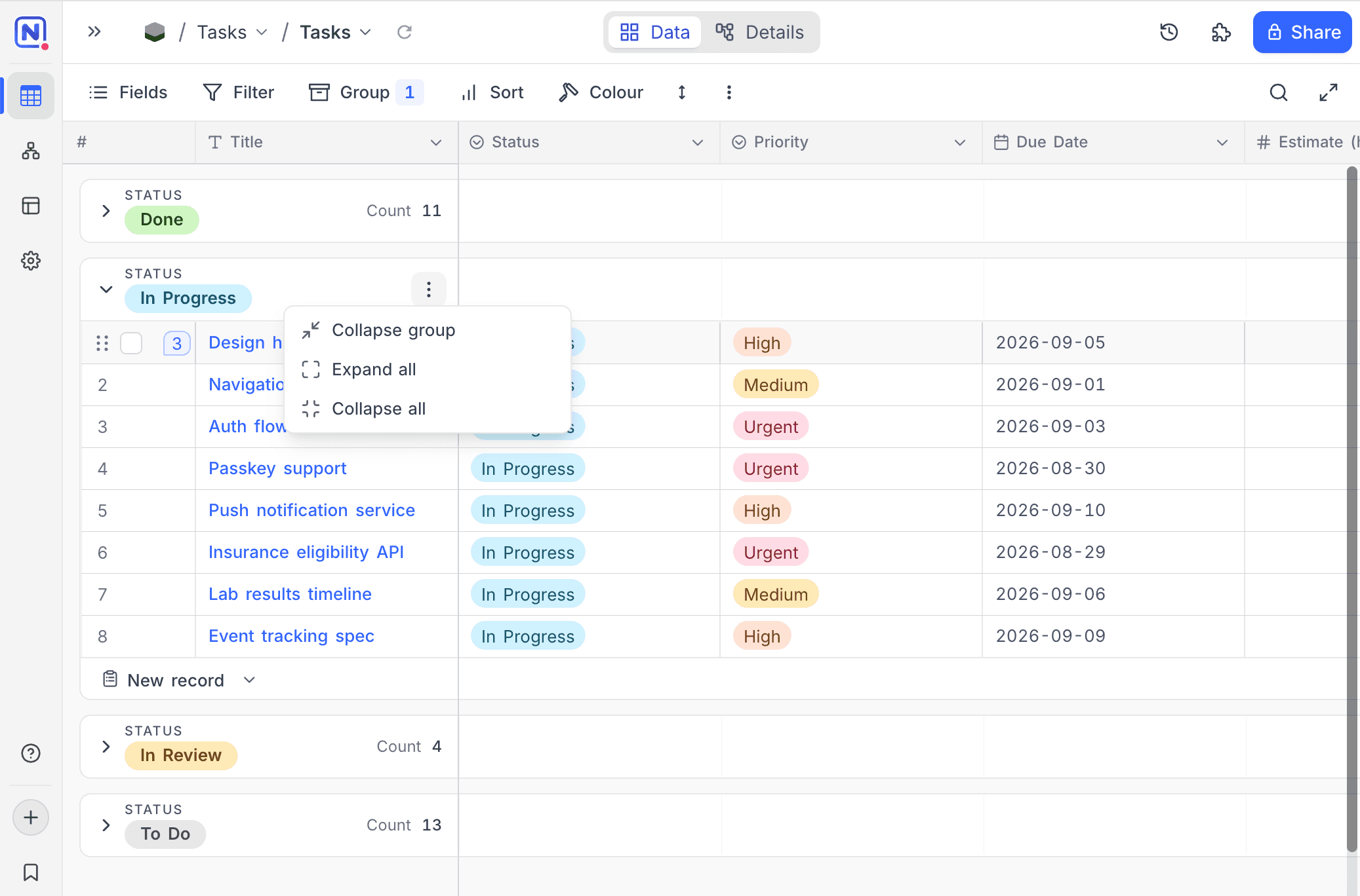 Expand and collapse options in the group header menu