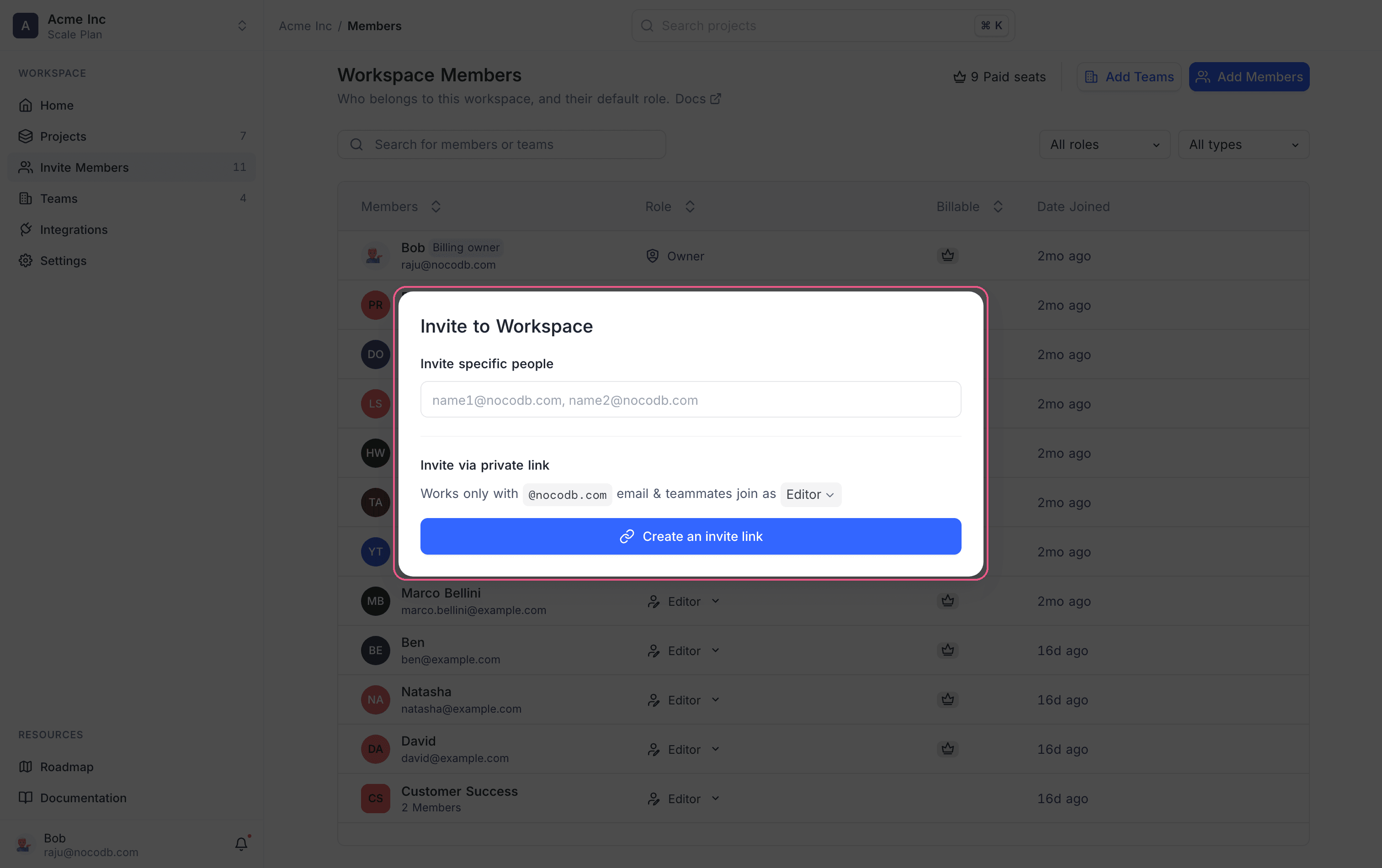The Invite to Workspace dialog