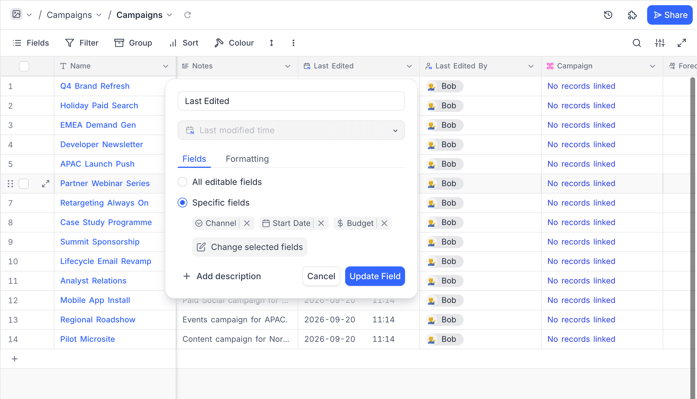 Fields tab of the LastModifiedTime editor with specific fields selected