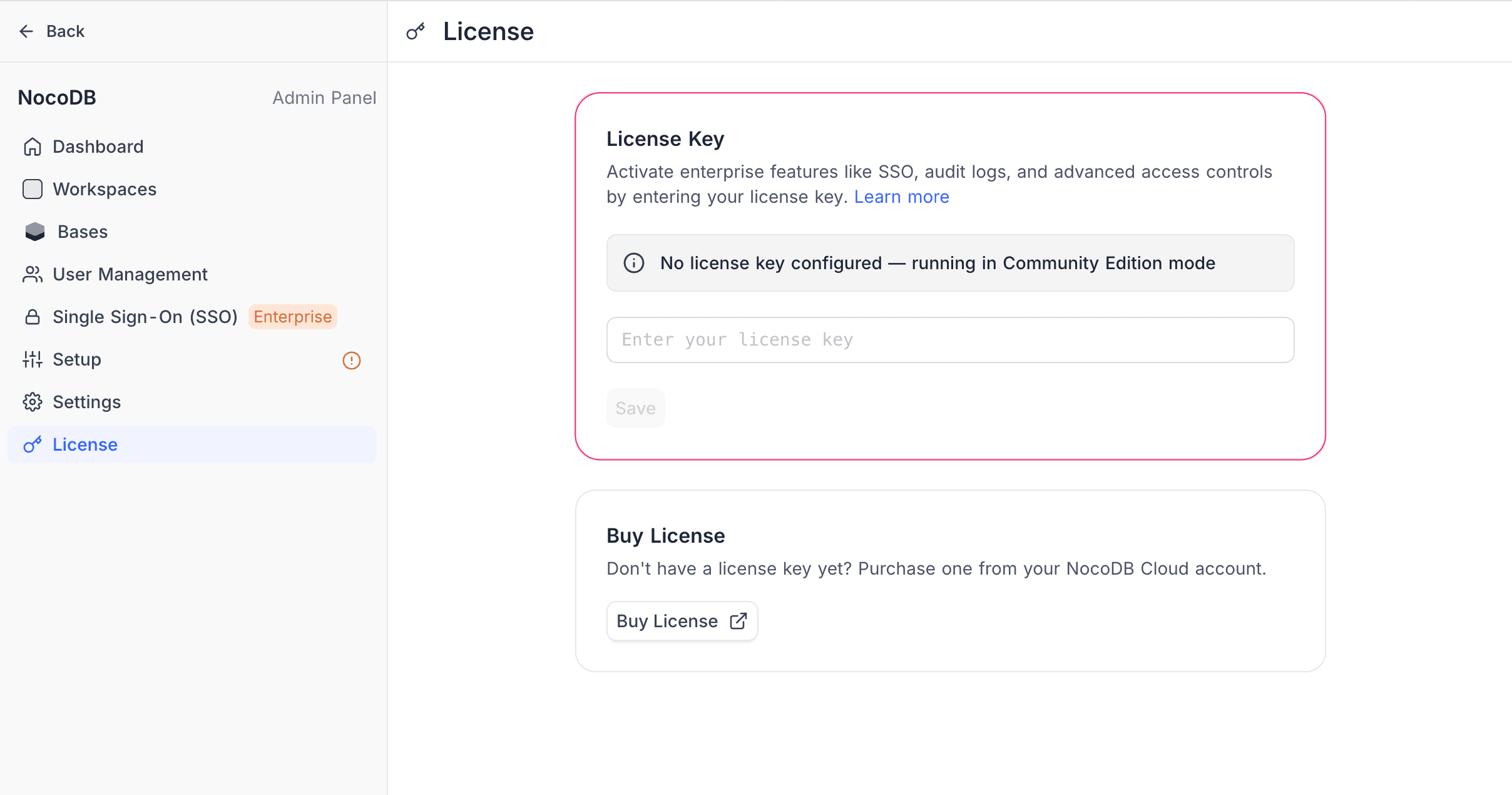 License page — no key configured