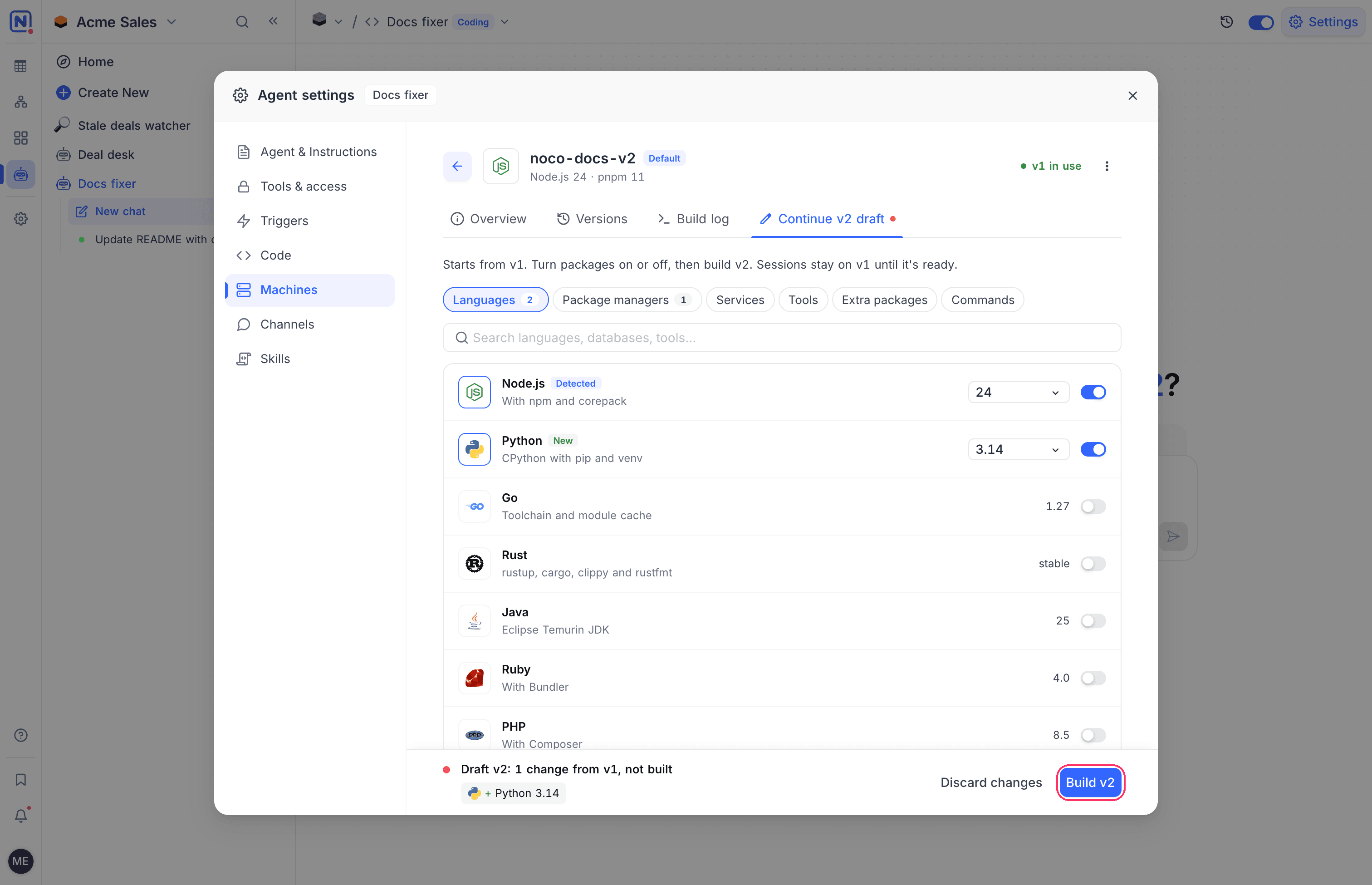The New version tab of a machine with Python turned on, the draft footer and Build v2