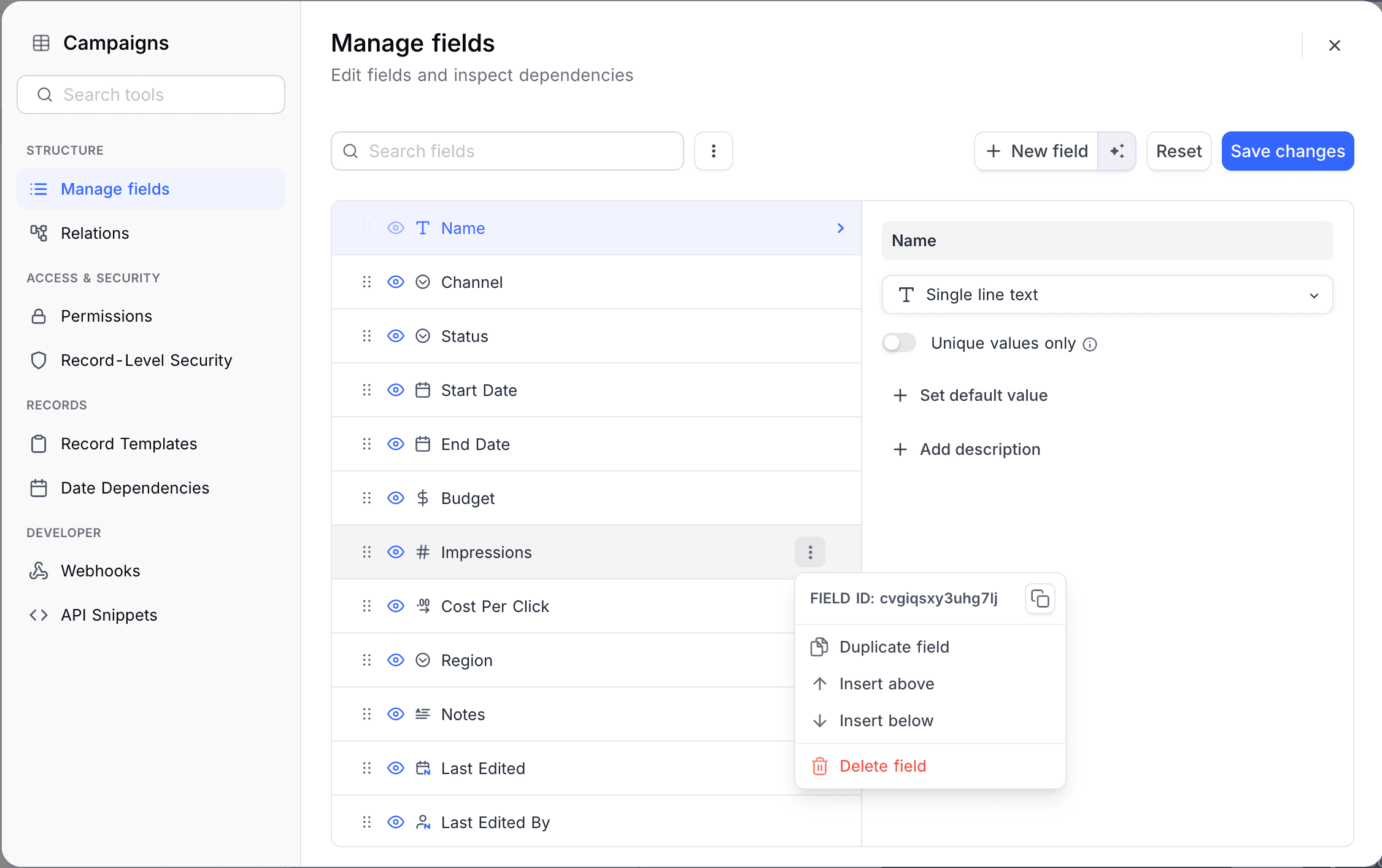 The field menu in the multi-field editor