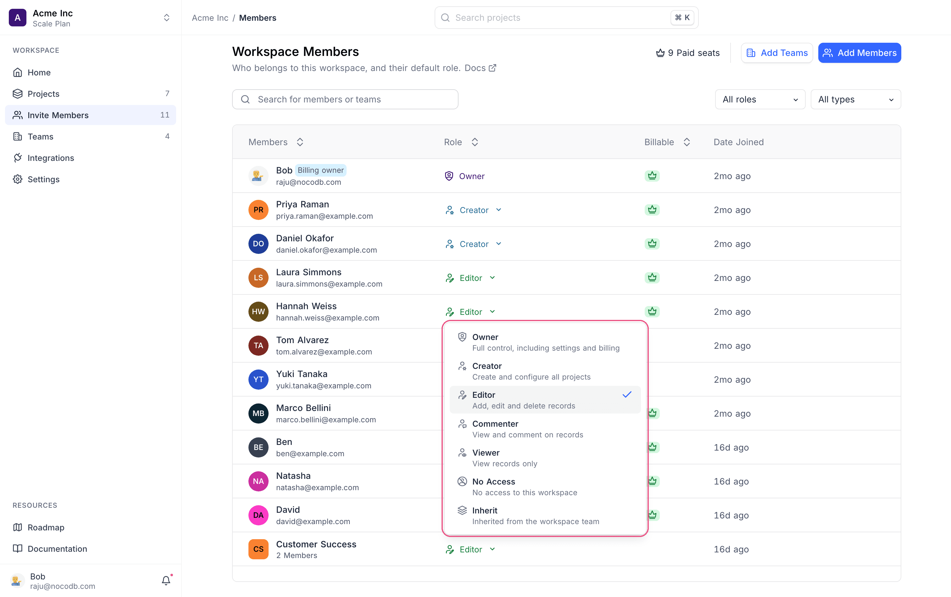Changing a member's workspace role