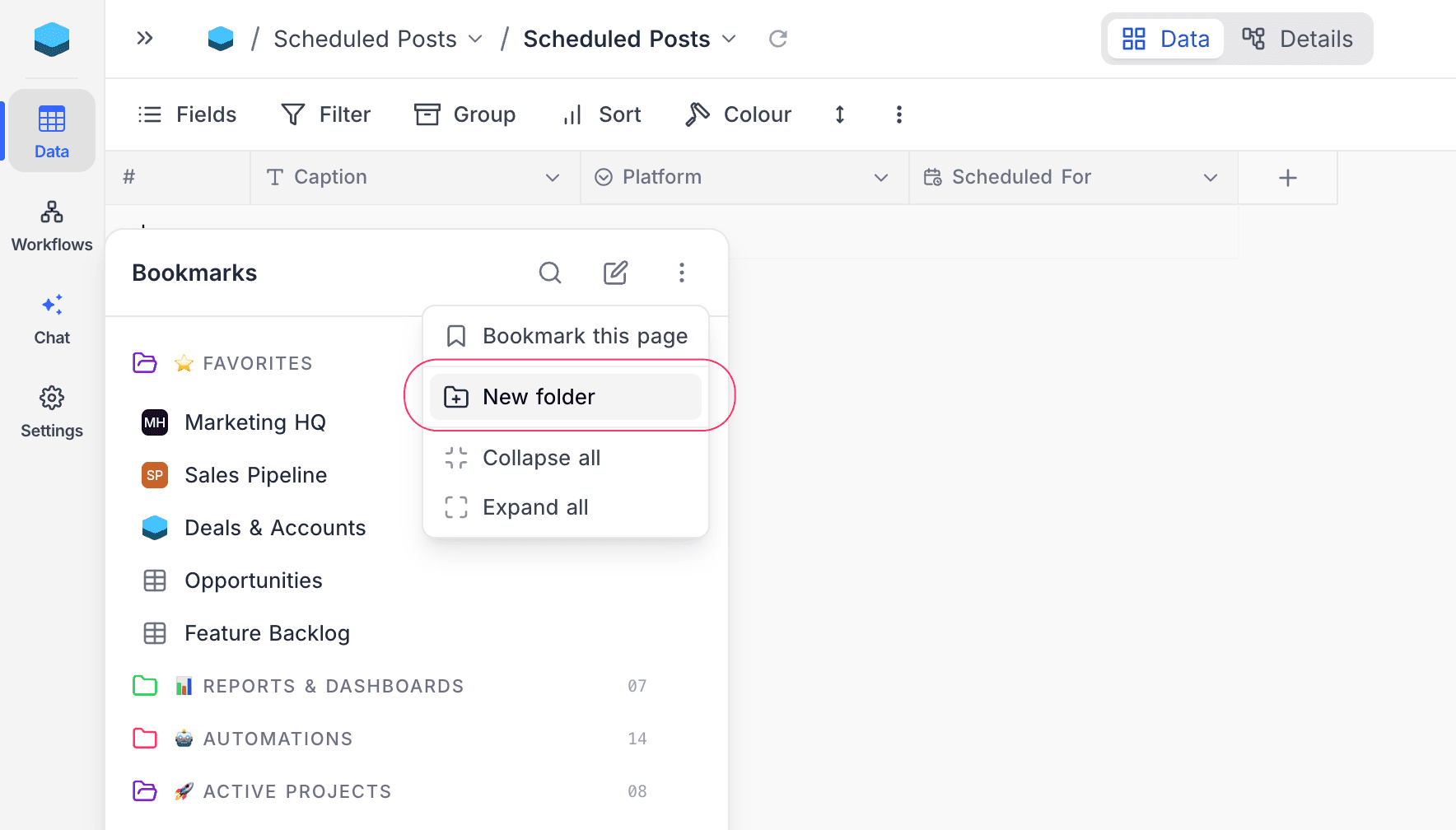 New folder option in the flyout header menu