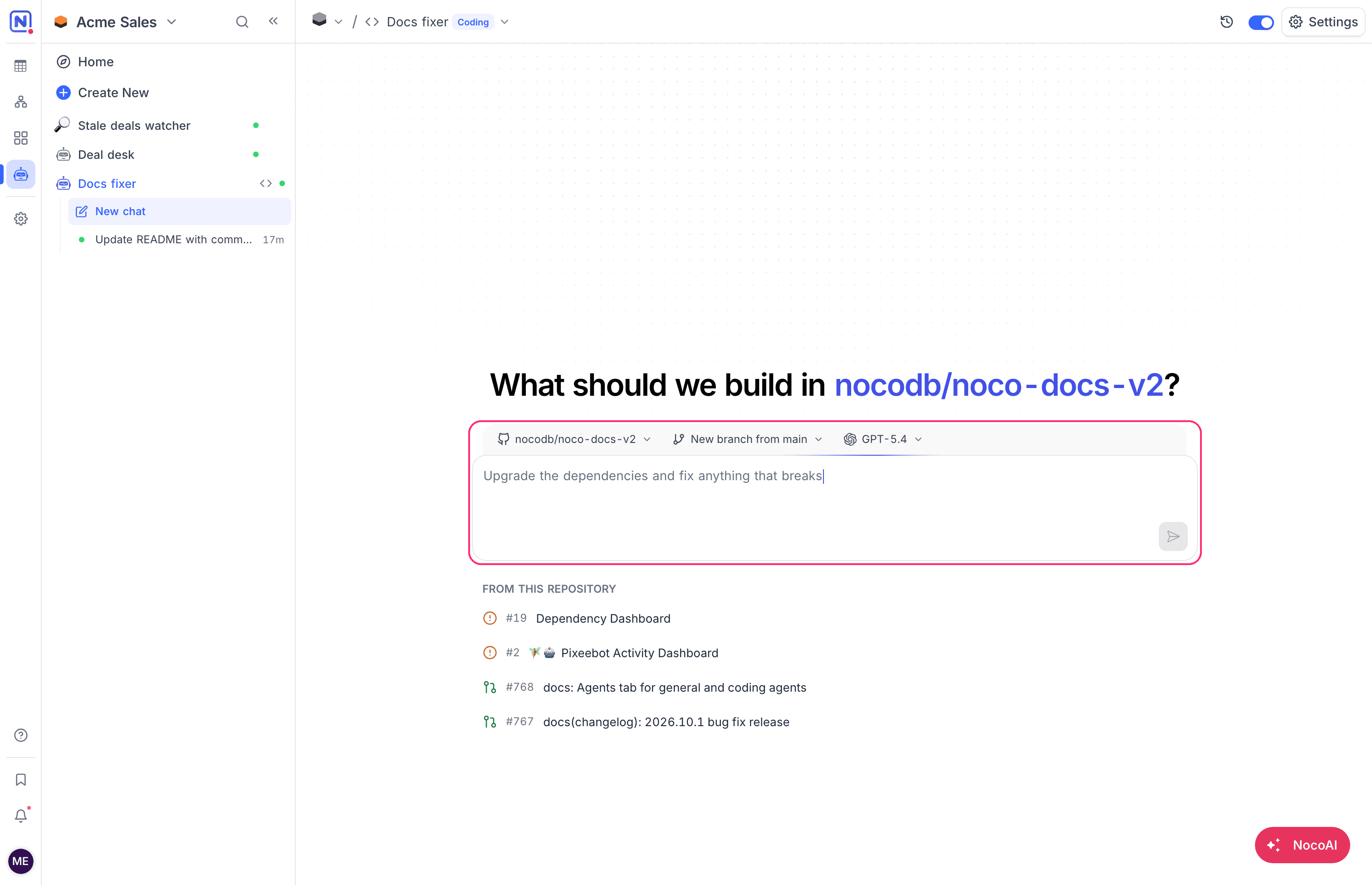 The new session box of a coding agent with the repository, branch and model options, and open issues and pull requests under From this repository