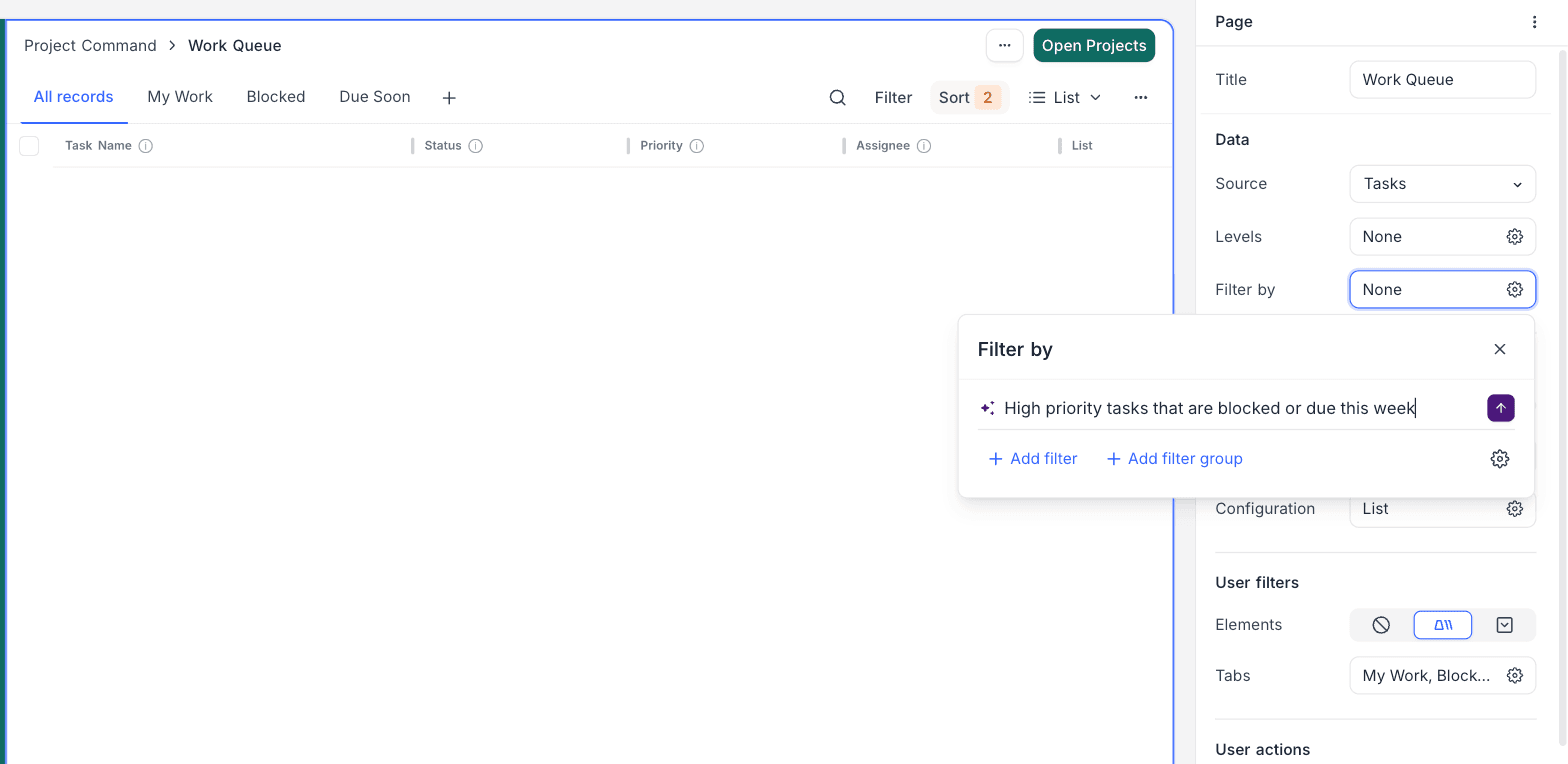 NocoAI turning a plain-language prompt into filters in the interface builder