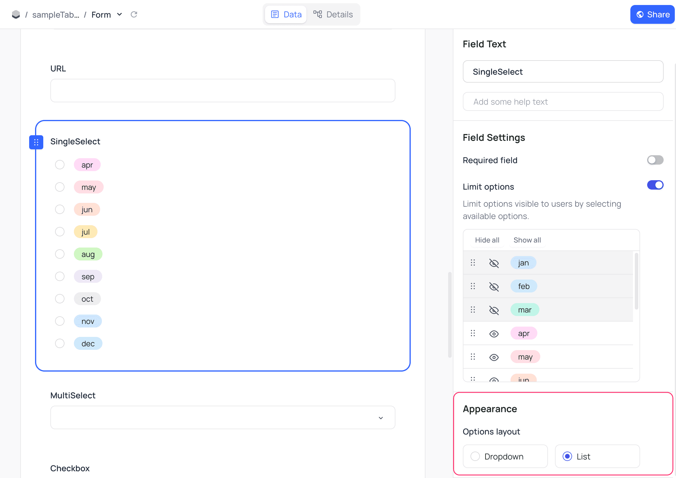 Options Layout