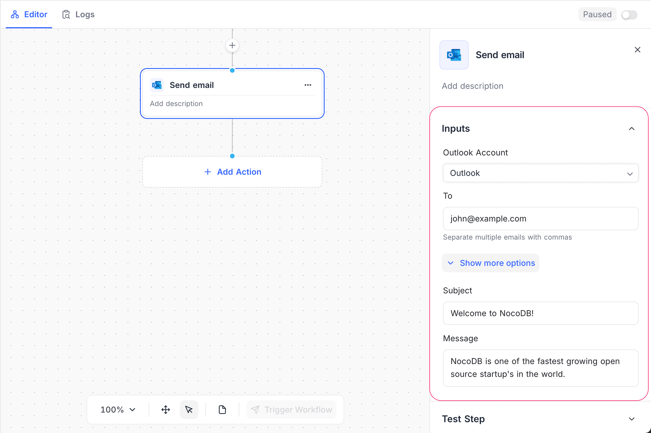 Outlook Send Email Node