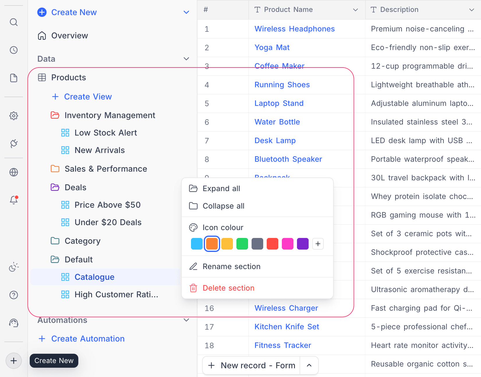 View sections overview