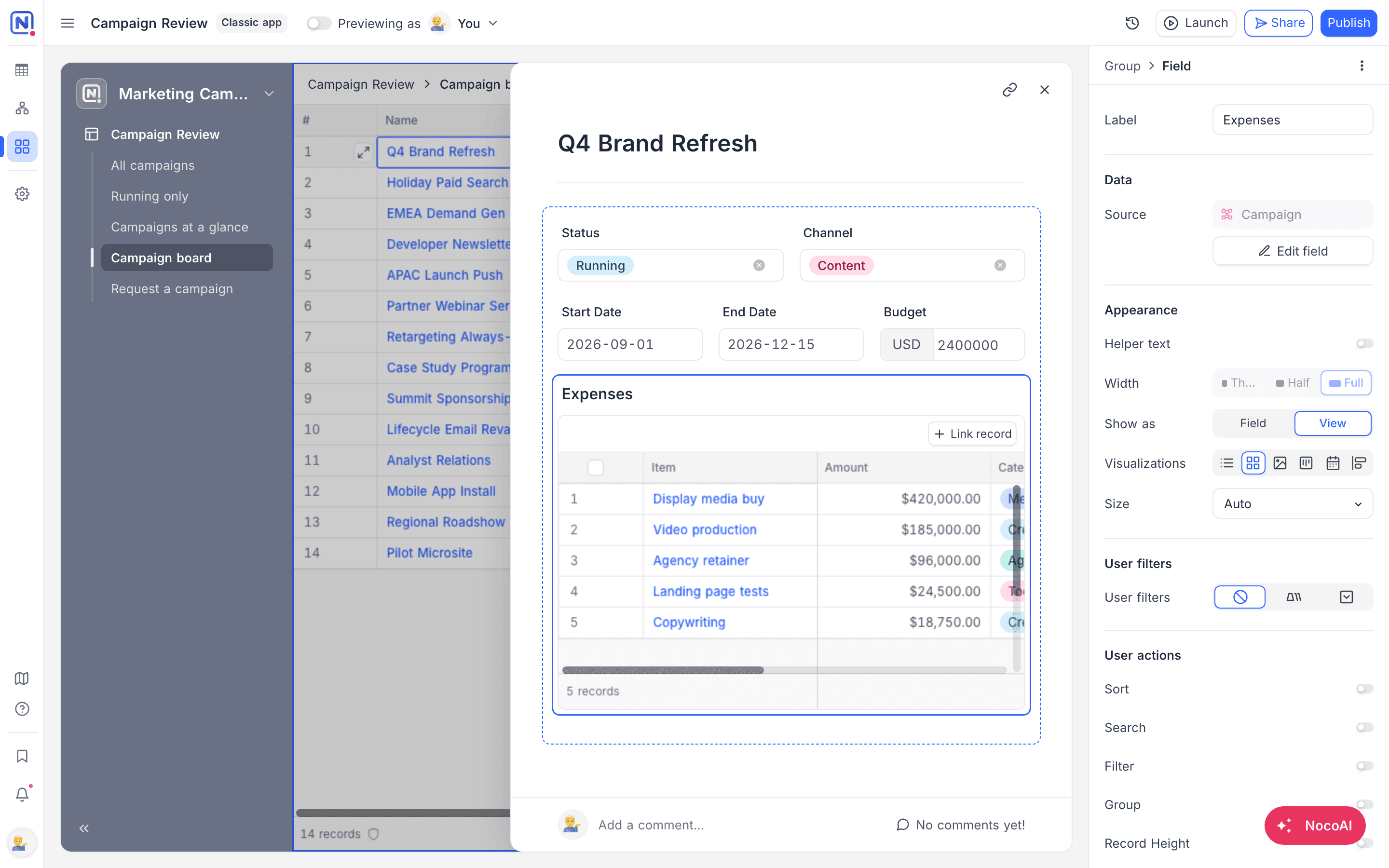 A link field embedded as a grid on a record detail page