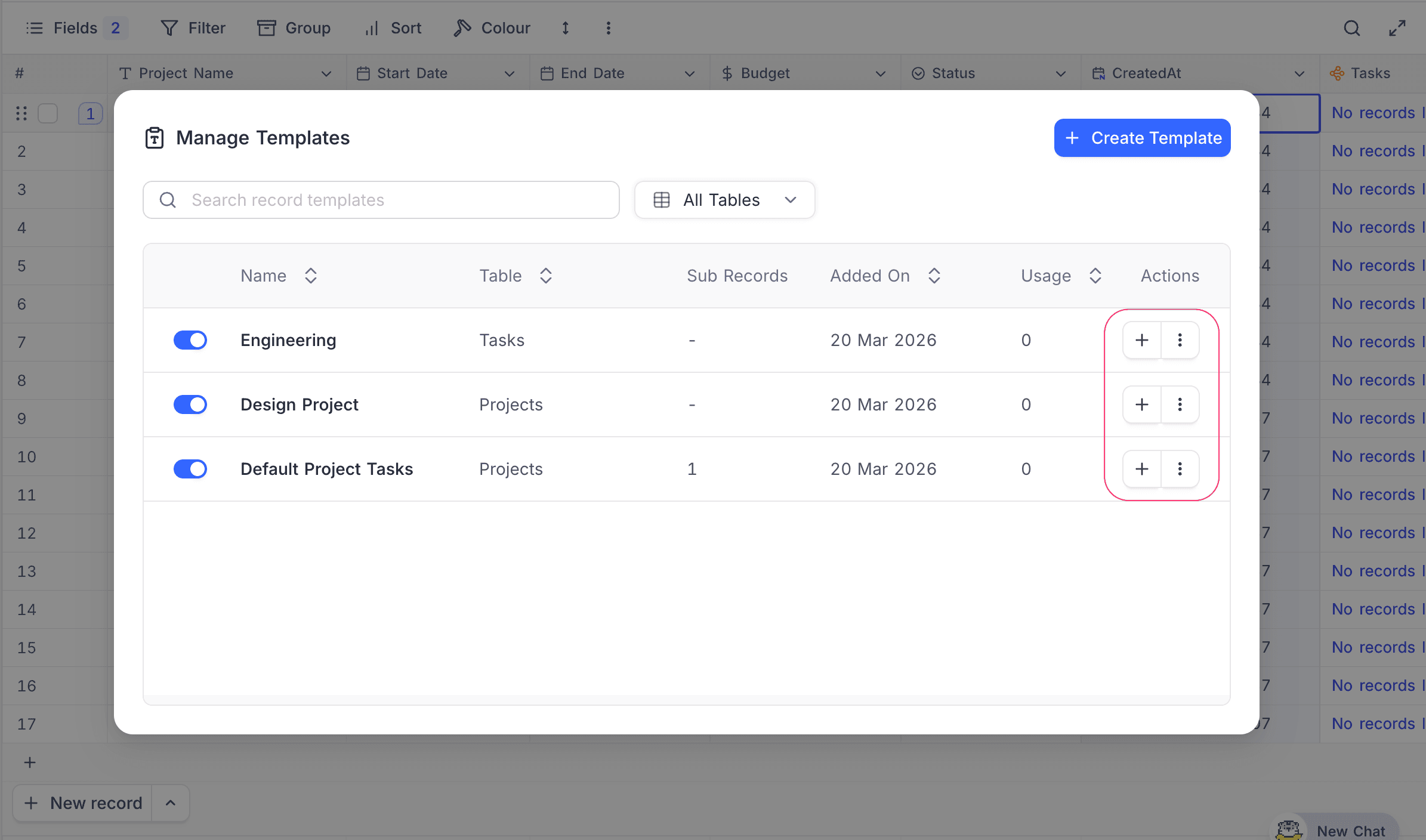 Manage Templates modal