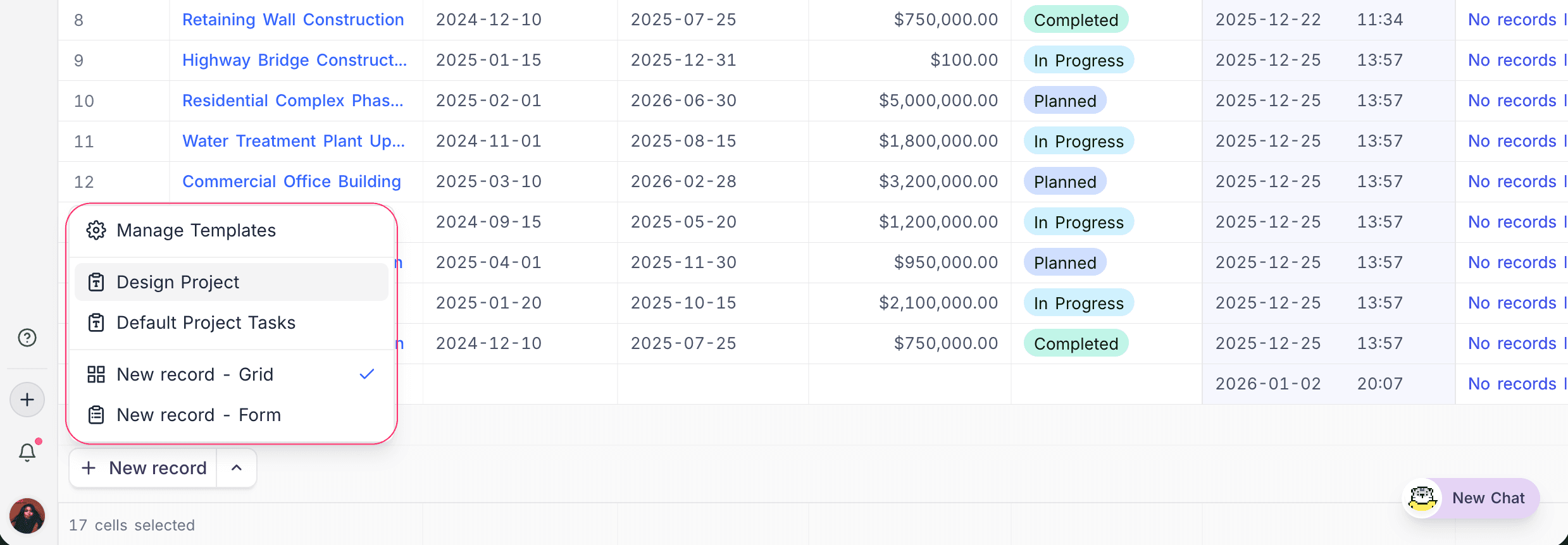 Use template from add new row menu