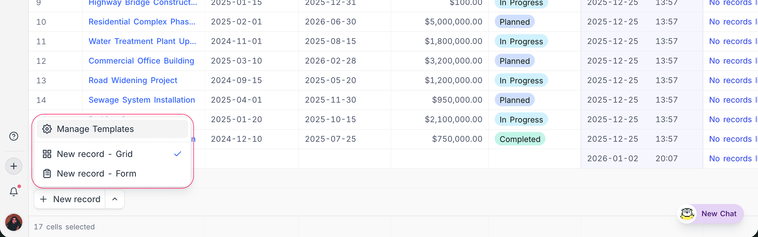 Open Manage Templates from New Record menu