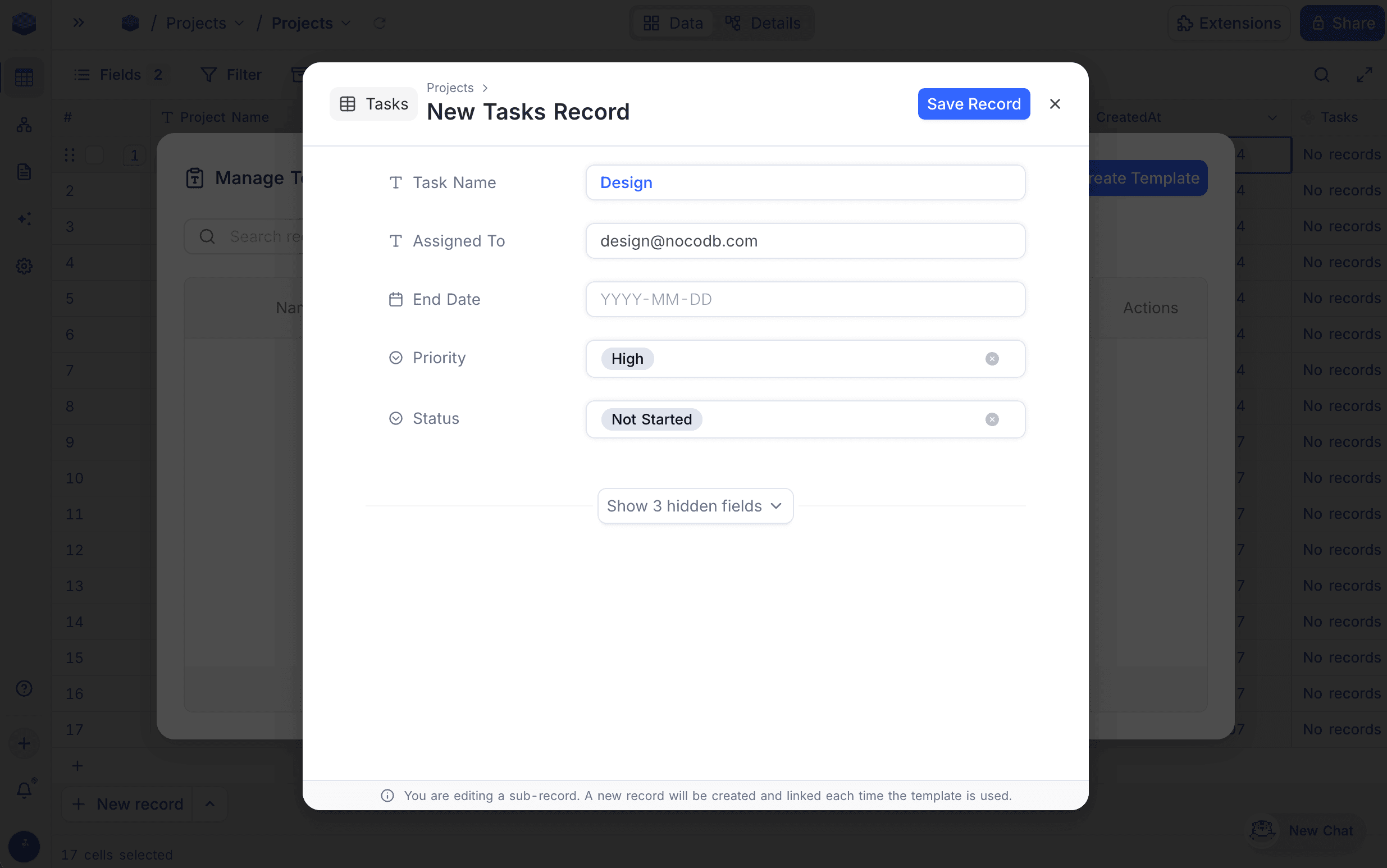Sub-record blueprint form